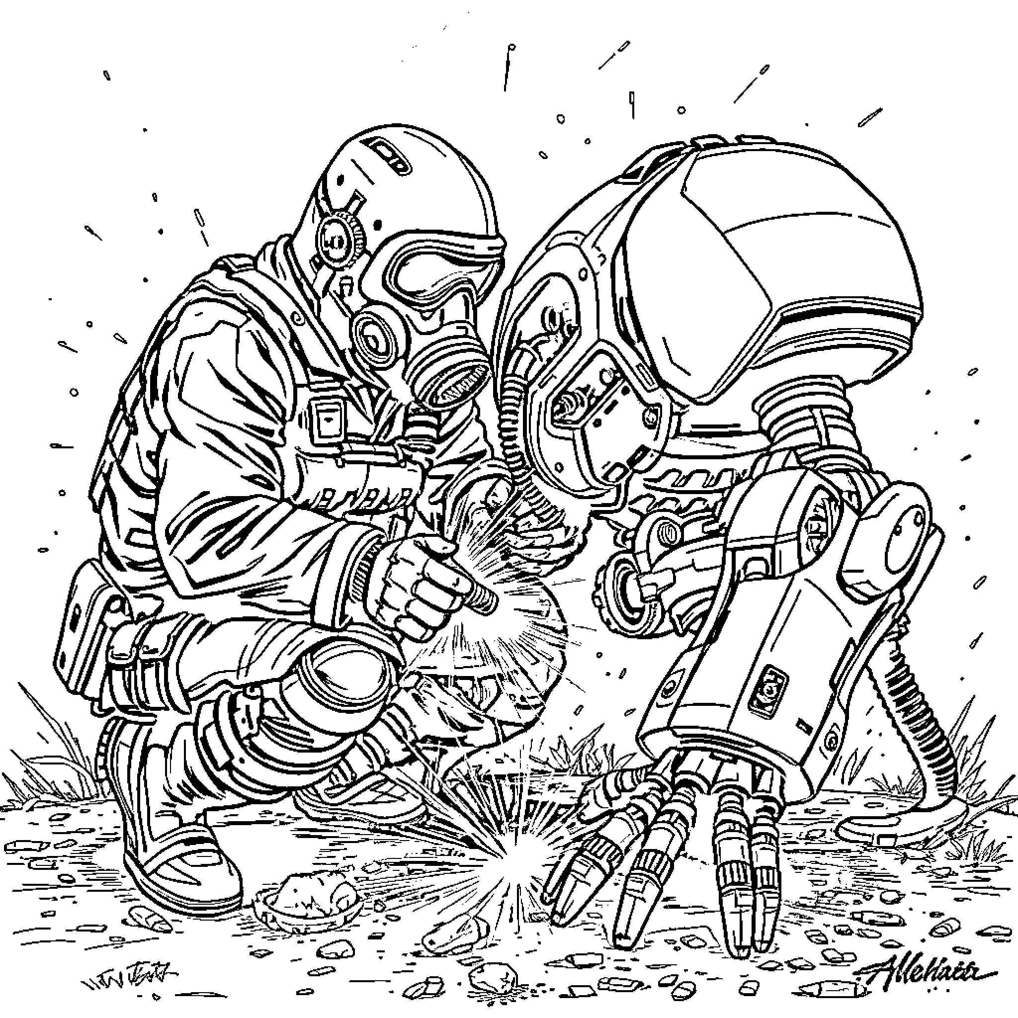 Soldier in Futuristic Combat Gear Assisting Injured Comrade Coloring Page (free black-and-white line drawing printable PDF for all, from beginners to advanced learners, including children, teens, adults, and seniors)