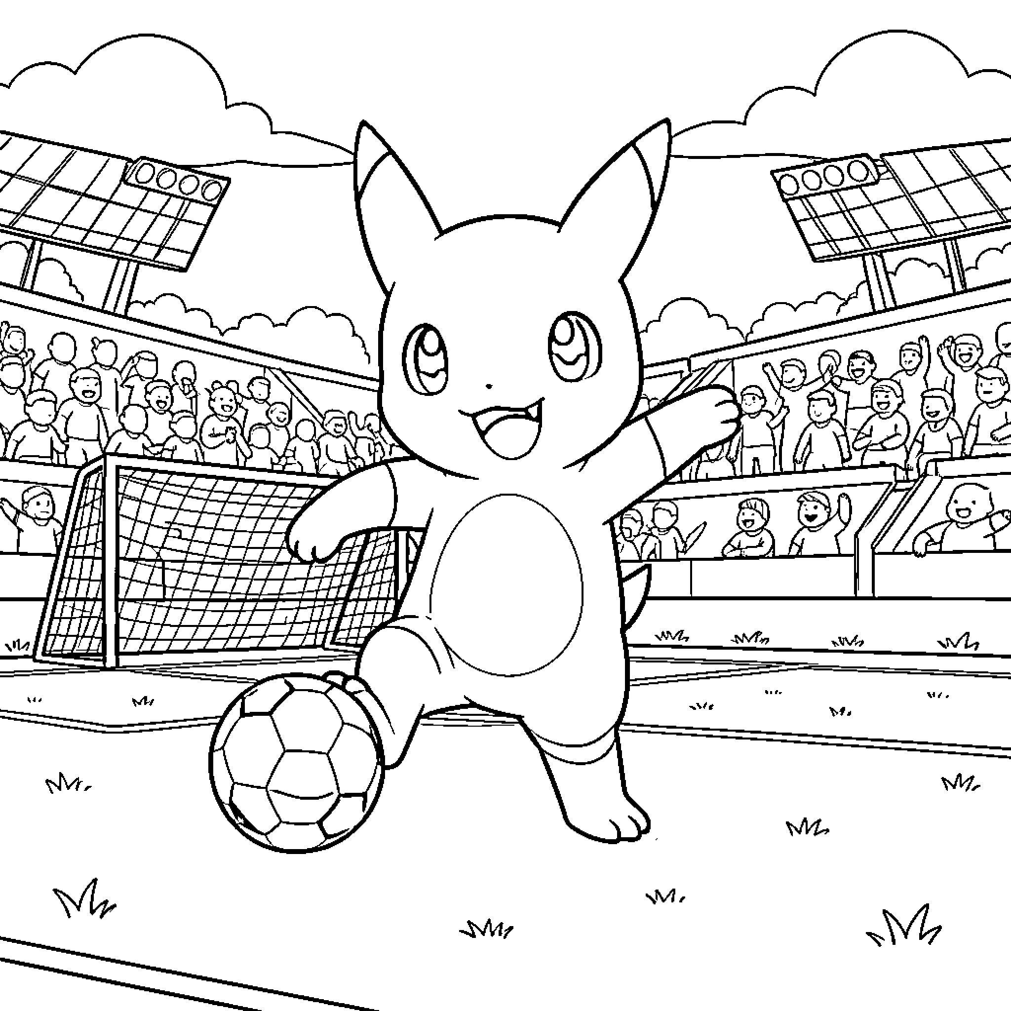 Pokémon Pikachu playing soccer in a crowded stadium Coloring Page (free black-and-white line drawing printable PDF for all, from beginners to advanced learners, including children, teens, adults, and seniors)