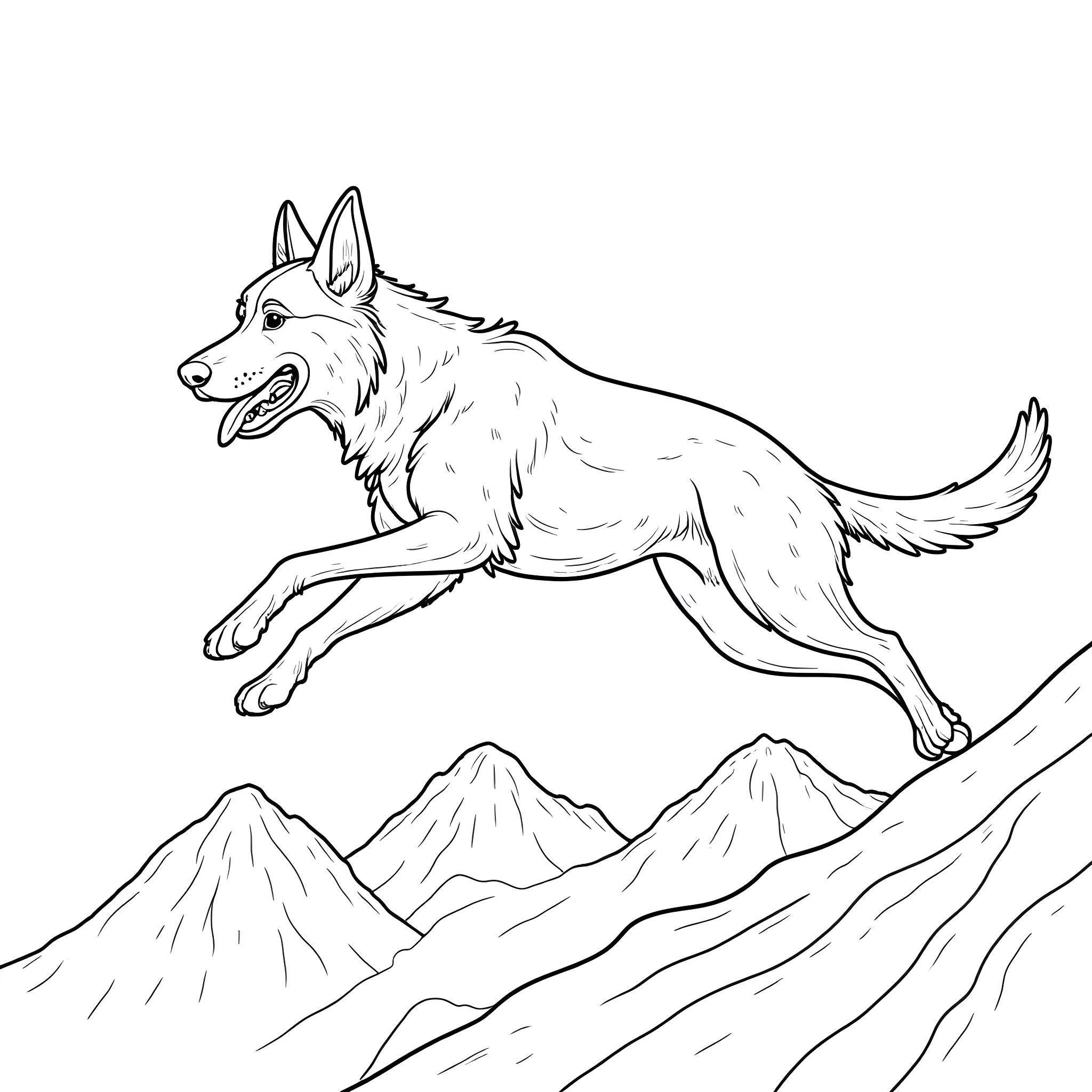 German Shepherd racing through the mountains Coloring Page (free black-and-white line drawing printable PDF for all, from beginners to advanced learners, including children, teens, adults, and seniors)