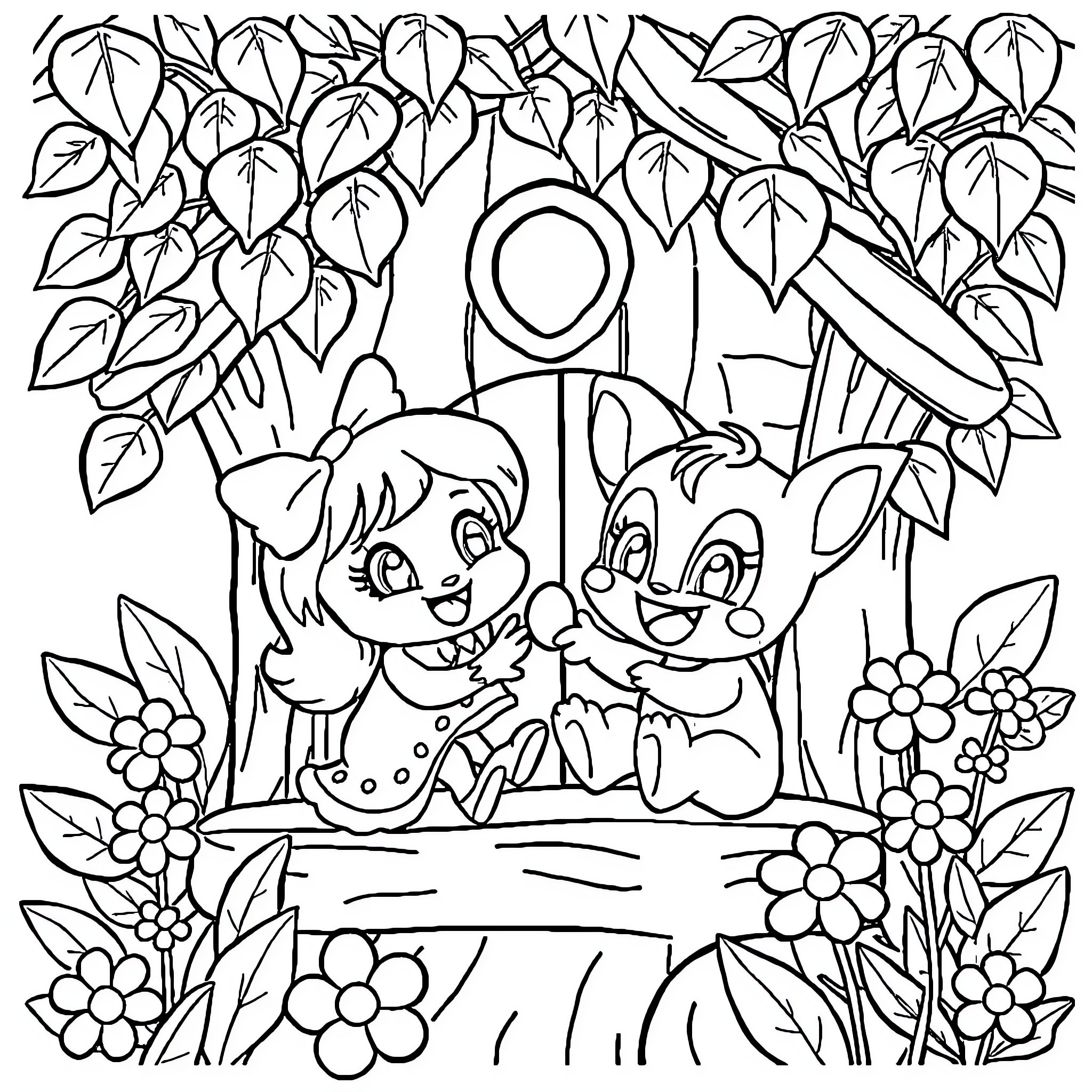 Gabby's Playful Adventure in the Garden Coloring Page (free black-and-white line drawing printable PDF for all, from beginners to advanced learners, including children, teens, adults, and seniors)