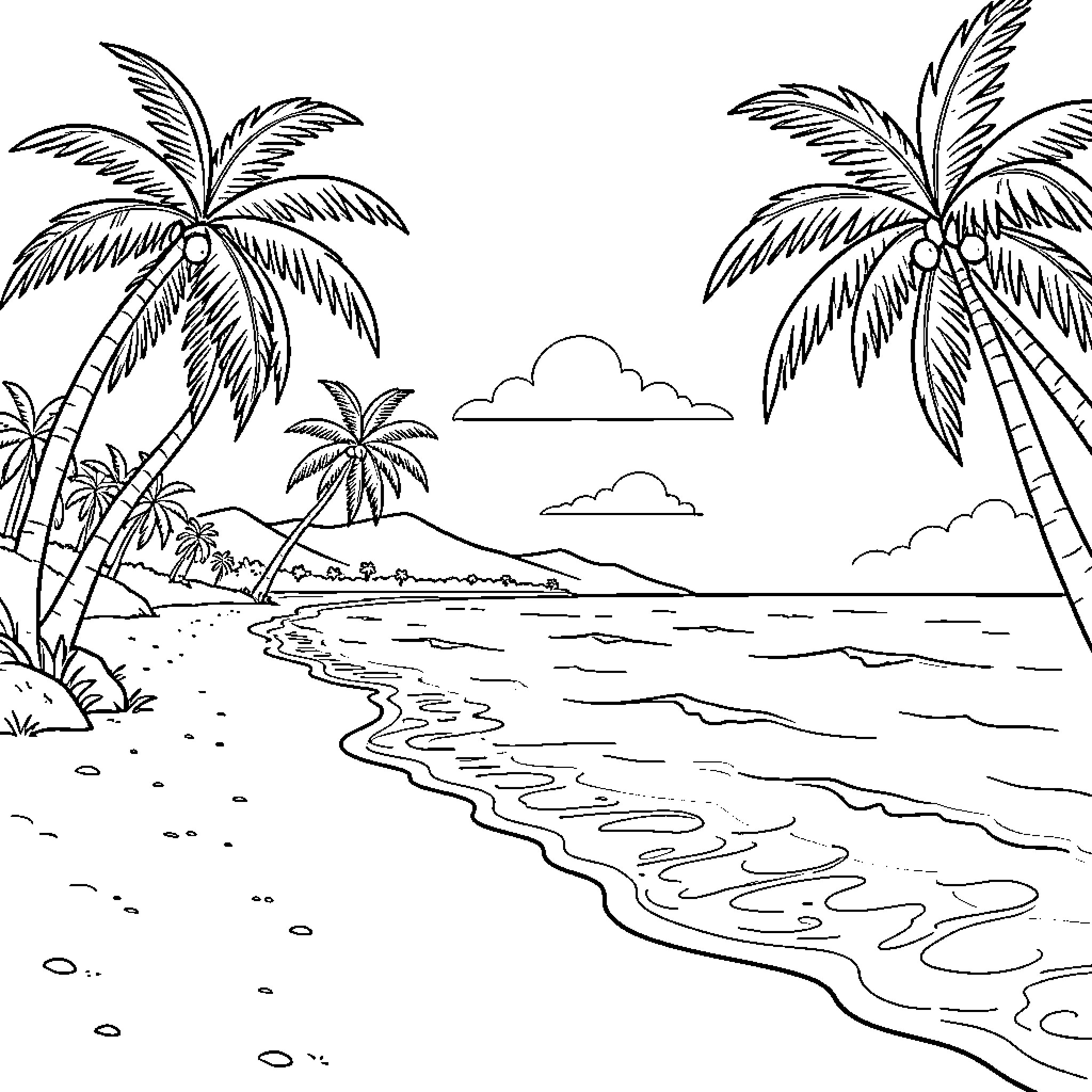 Beach scene with palm trees and ocean Coloring Page (free black-and-white line drawing printable PDF for all, from beginners to advanced learners, including children, teens, adults, and seniors)