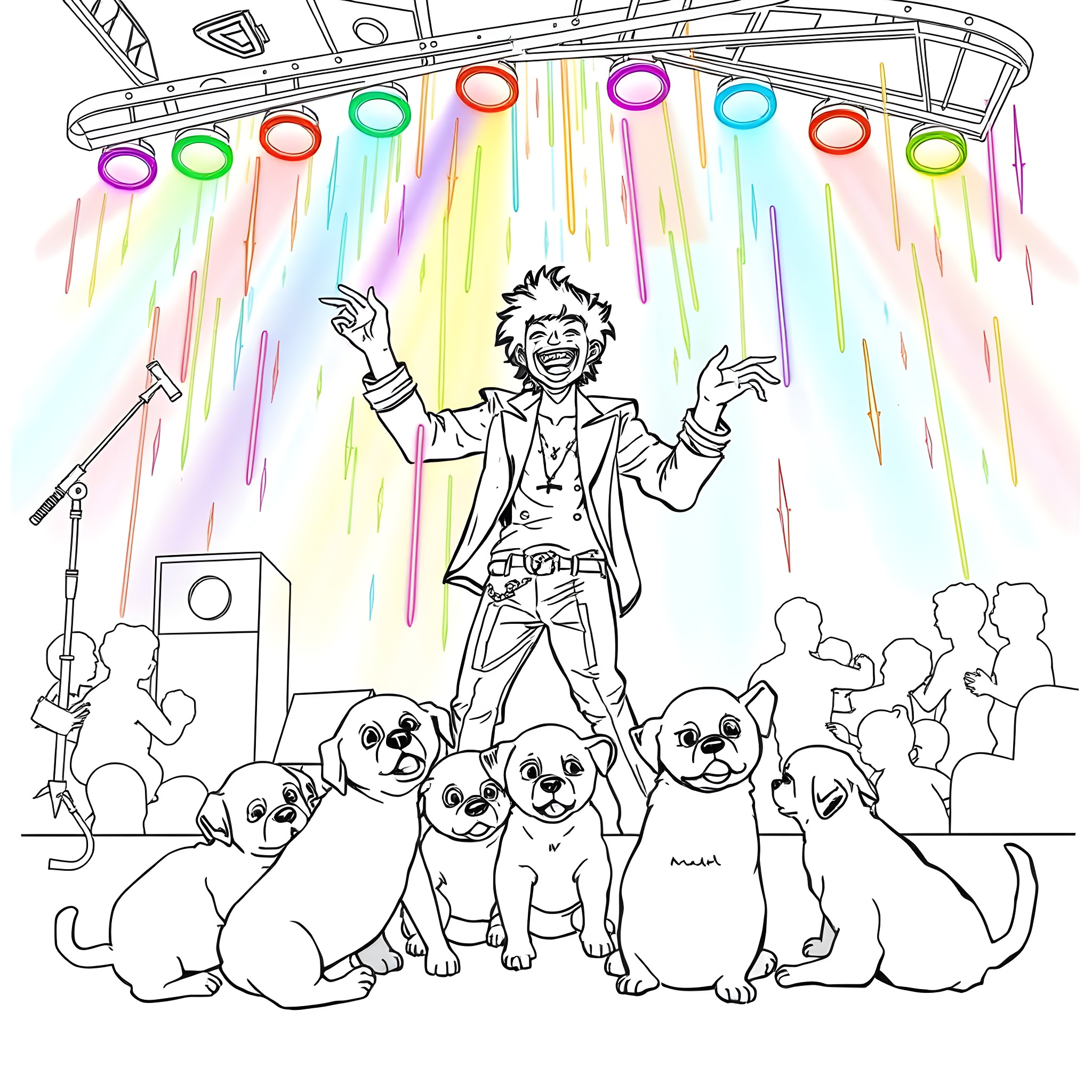 Electric Callboy performing on stage with colorful lights and crowd Coloring Page (free black-and-white line drawing printable PDF for all, from beginners to advanced learners, including children, teens, adults, and seniors)