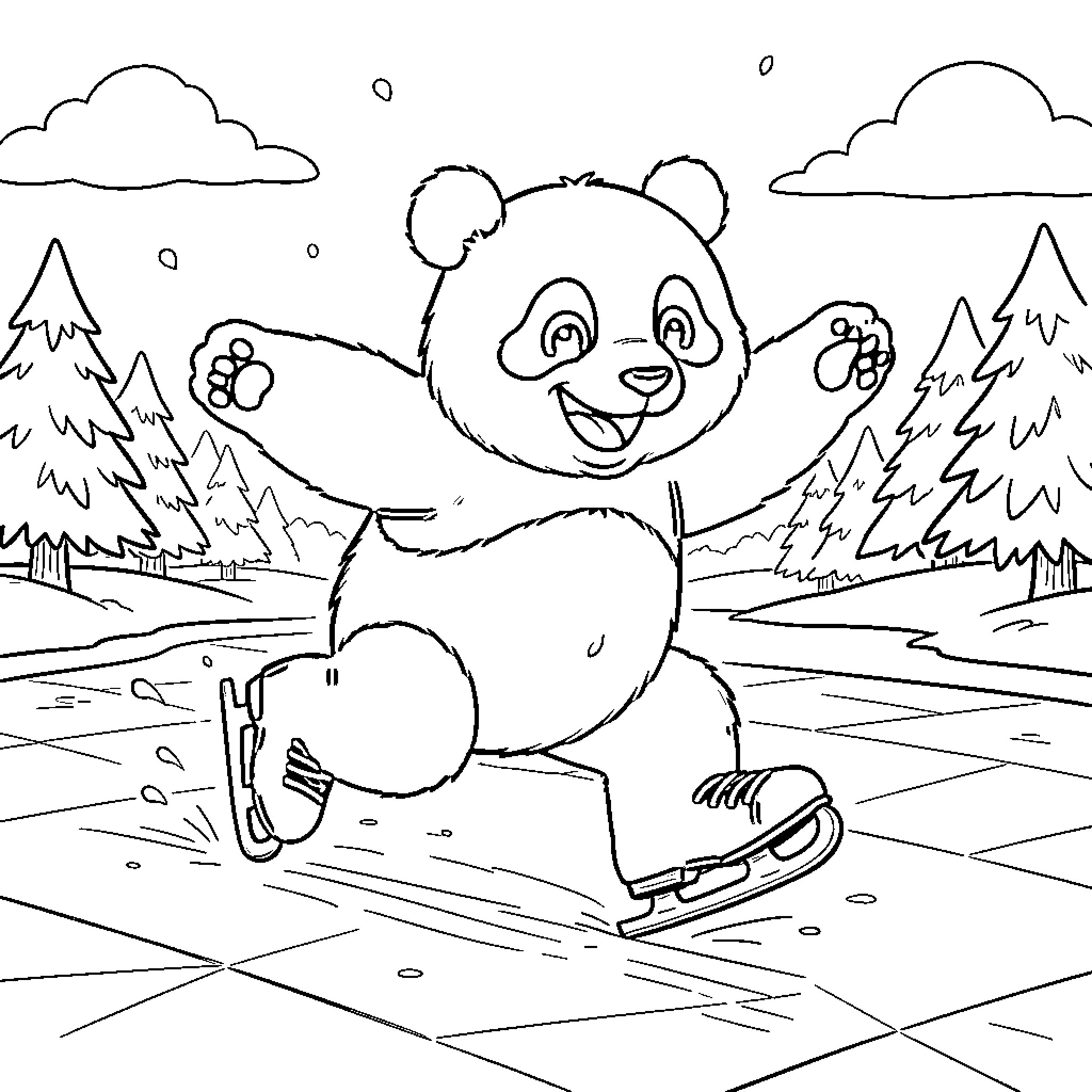 Panda ice skating joyfully in a snowy forest Coloring Page (free black-and-white line drawing printable PDF for all, from beginners to advanced learners, including children, teens, adults, and seniors)