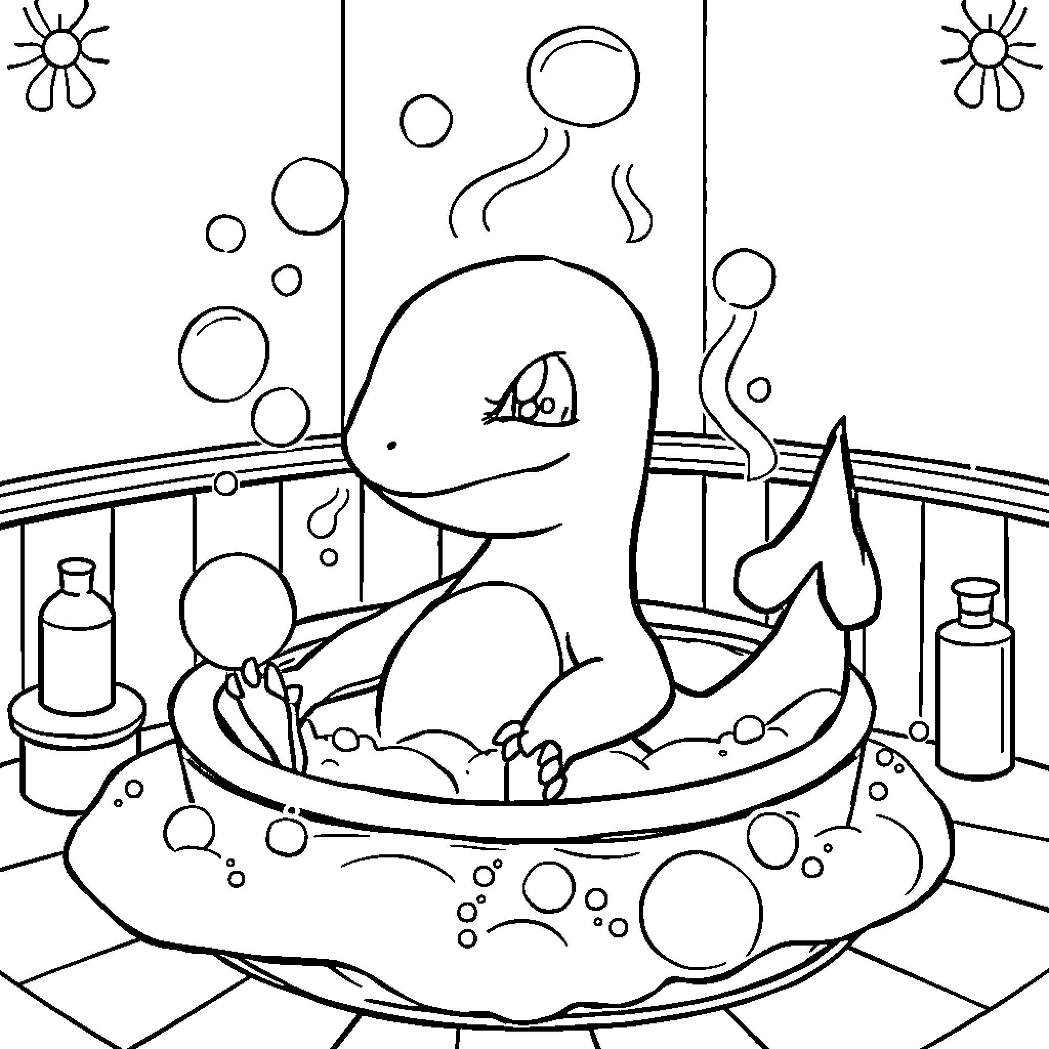 Charmander relaxing in a bubble bath Coloring Page (free black-and-white line drawing printable PDF for all, from beginners to advanced learners, including children, teens, adults, and seniors)