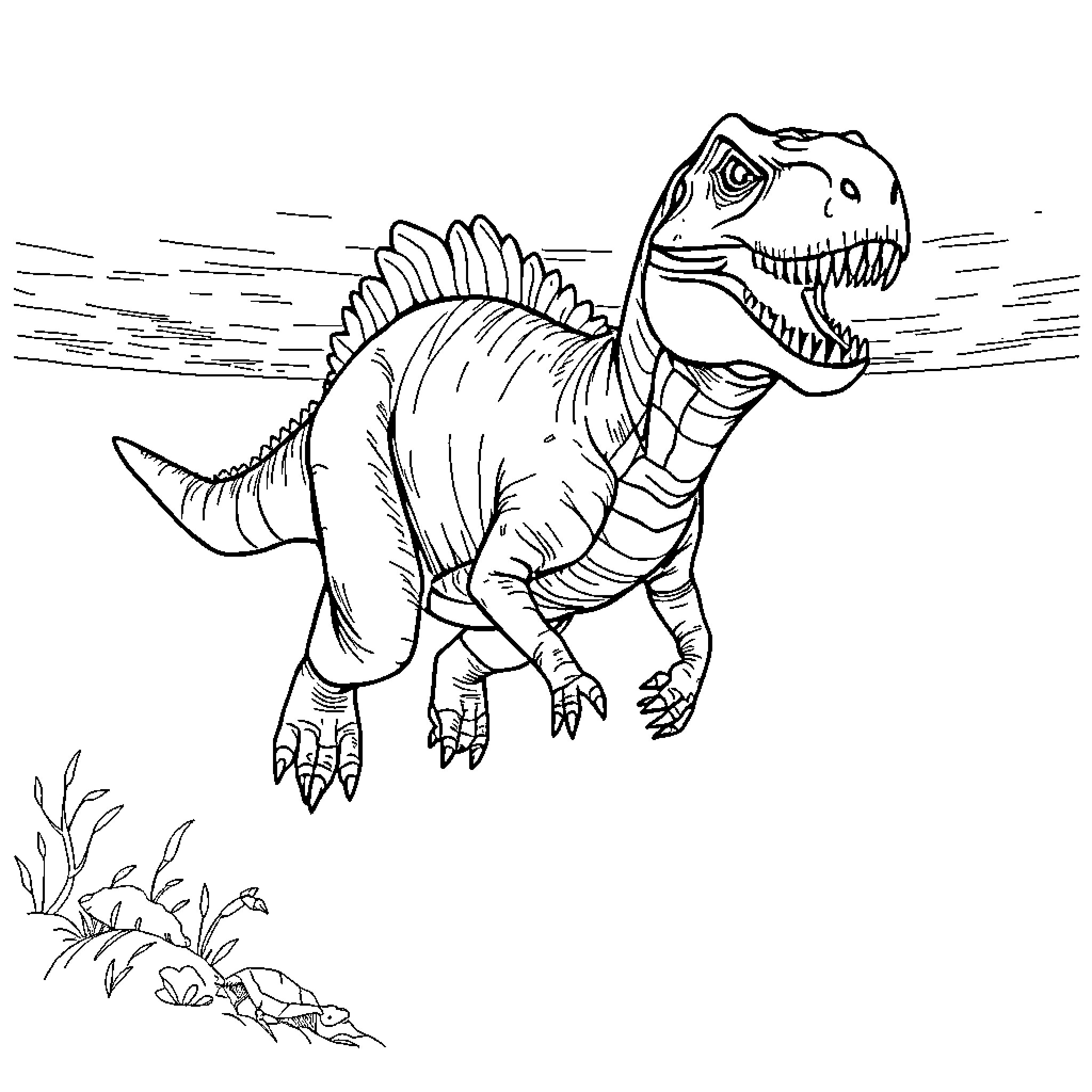 Dinosaur roaring fiercely in the wilderness Coloring Page (free black-and-white line drawing printable PDF for all, from beginners to advanced learners, including children, teens, adults, and seniors)