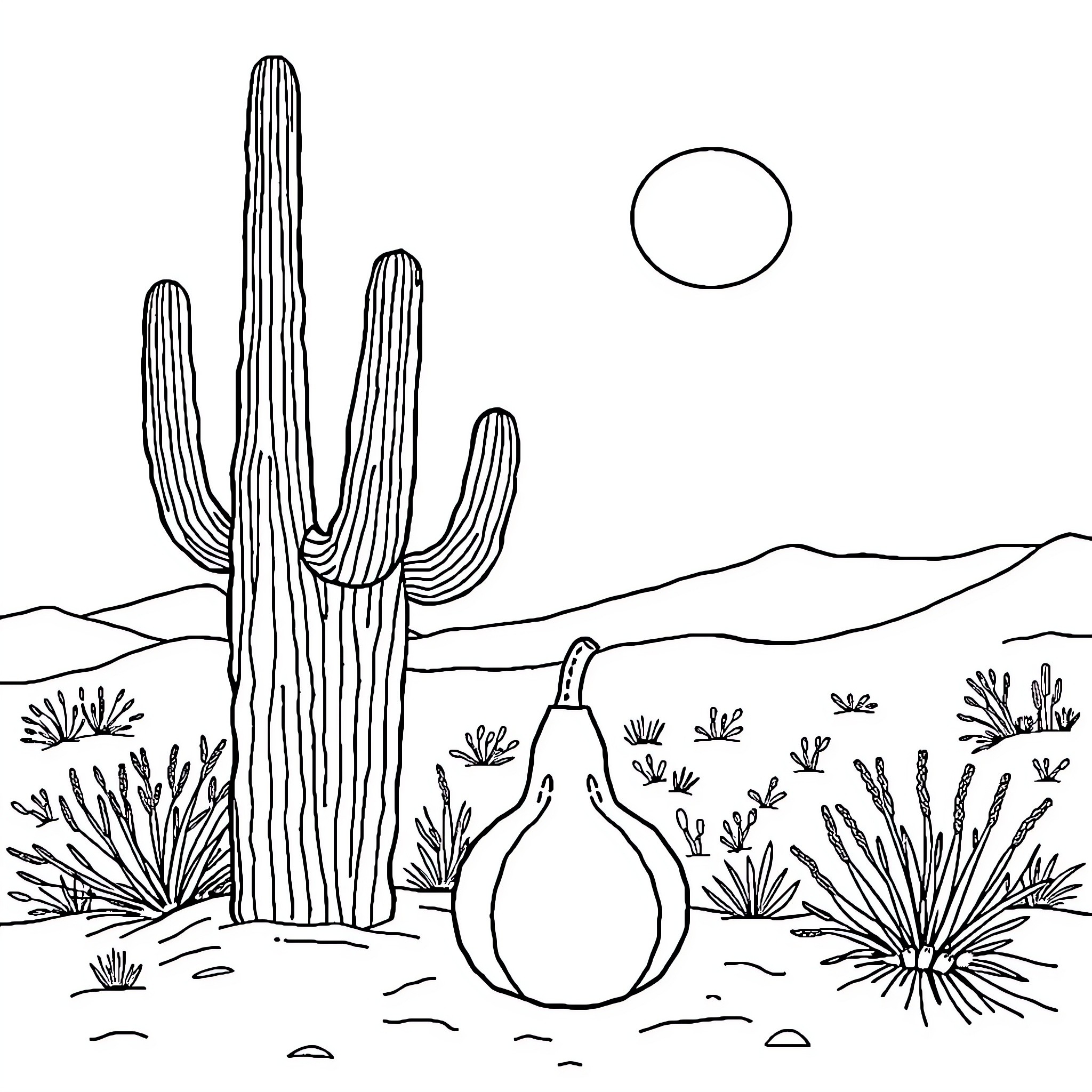 Saguaro cactus in desert landscape Coloring Page (free black-and-white line drawing printable PDF for all, from beginners to advanced learners, including children, teens, adults, and seniors)