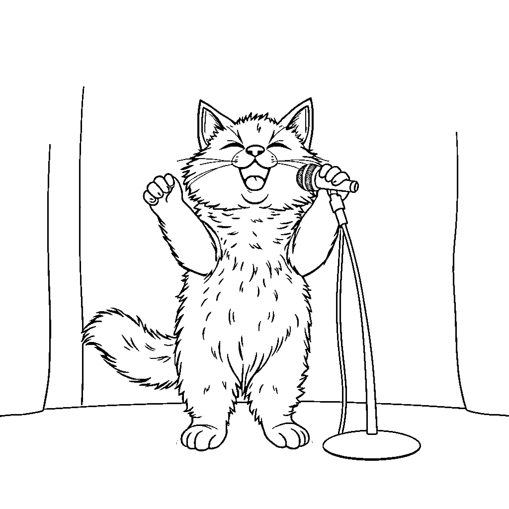 Cat singing joyfully on stage Coloring Page (free black-and-white line drawing printable PDF for all, from beginners to advanced learners, including children, teens, adults, and seniors)