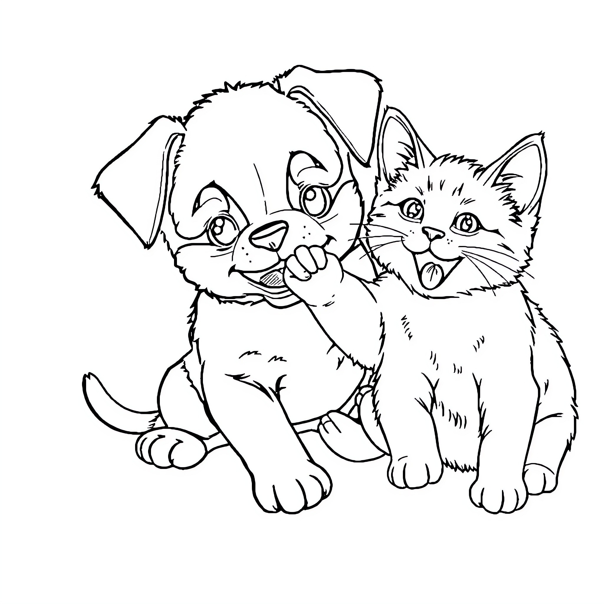 Puppy and kitten playing together Coloring Page (free black-and-white line drawing printable PDF for all, from beginners to advanced learners, including children, teens, adults, and seniors)