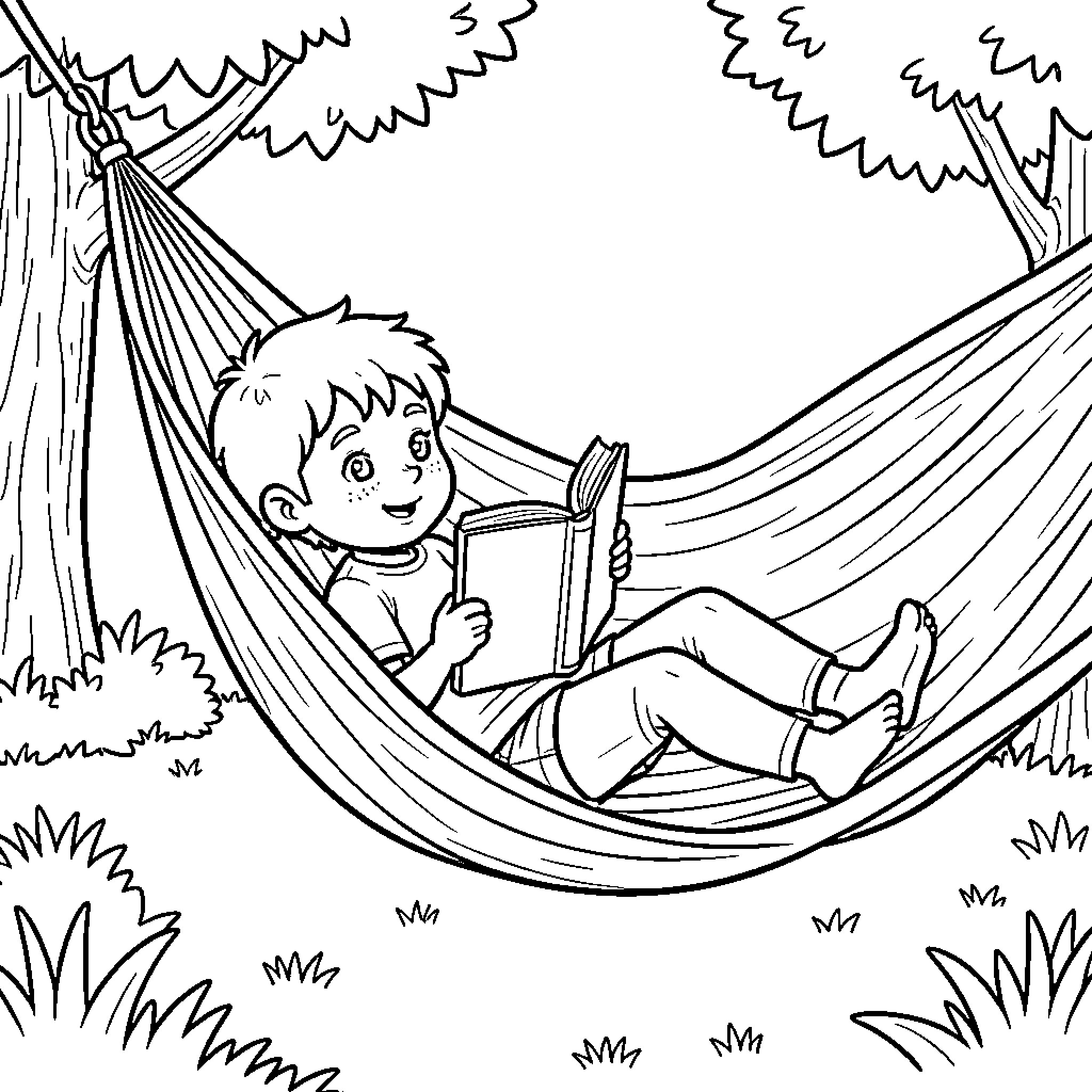 Child relaxing in a hammock reading a book Coloring Page (free black-and-white line drawing printable PDF for all, from beginners to advanced learners, including children, teens, adults, and seniors)