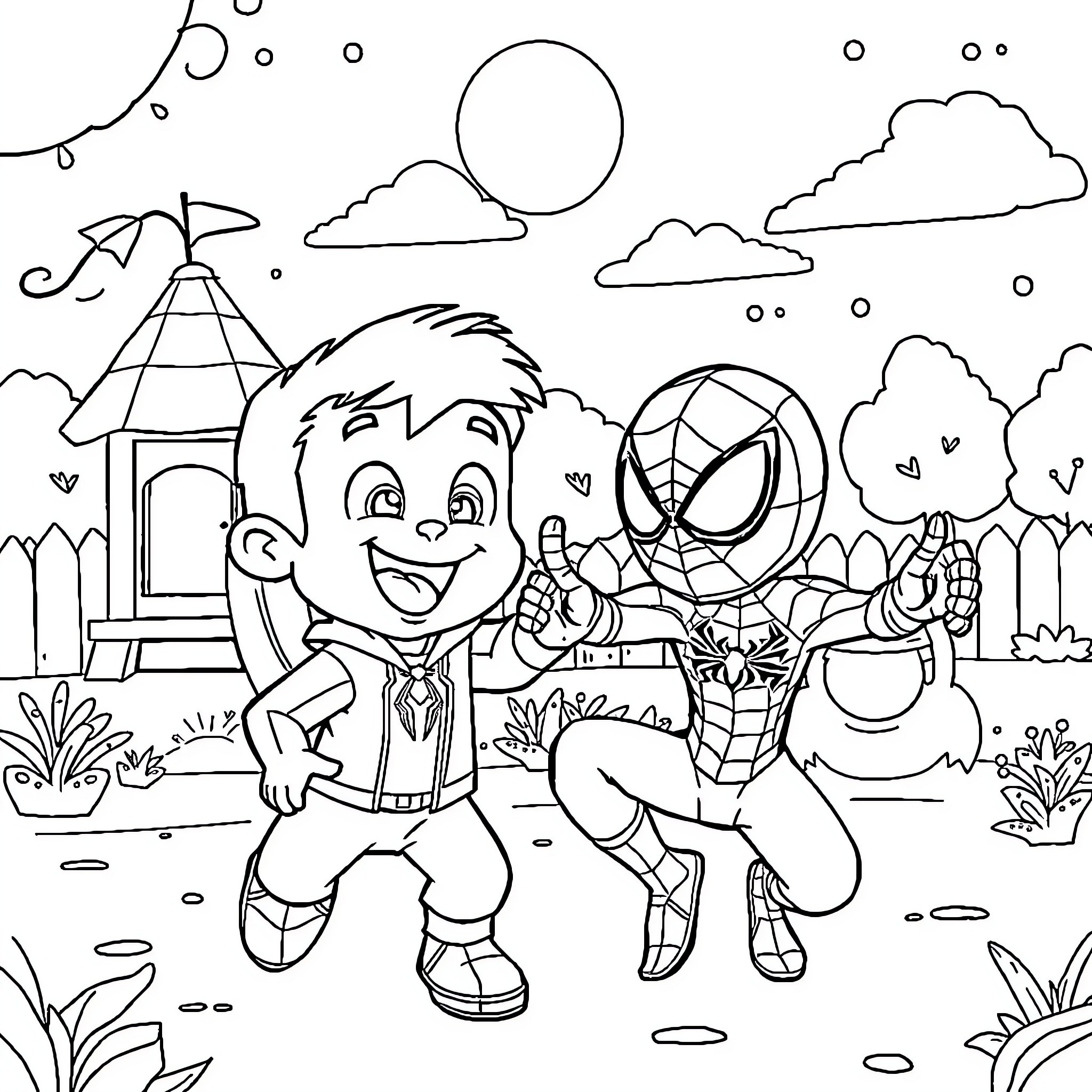 Chase of the superhero and the boy in the park Coloring Page (free black-and-white line drawing printable PDF for all, from beginners to advanced learners, including children, teens, adults, and seniors)