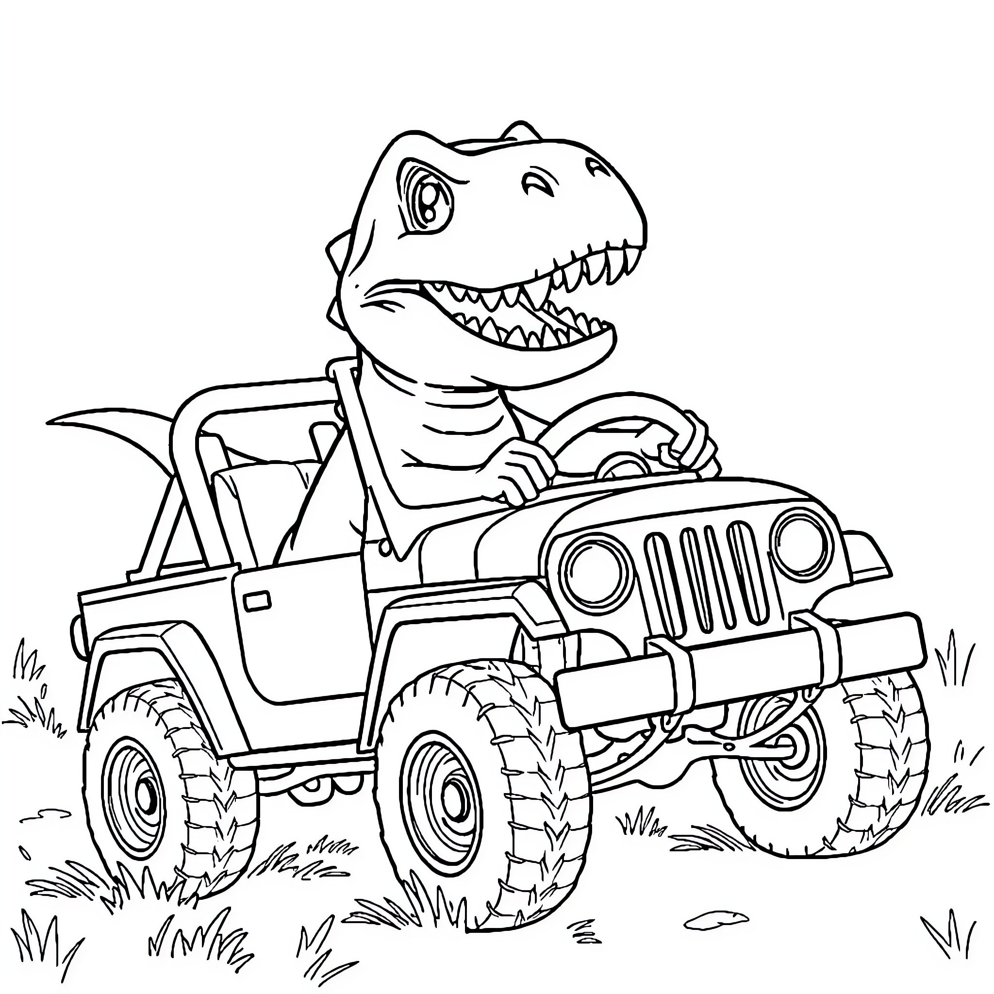 T-Rex Driving Jeep through Wilderness Coloring Page (free black-and-white line drawing printable PDF for all, from beginners to advanced learners, including children, teens, adults, and seniors)
