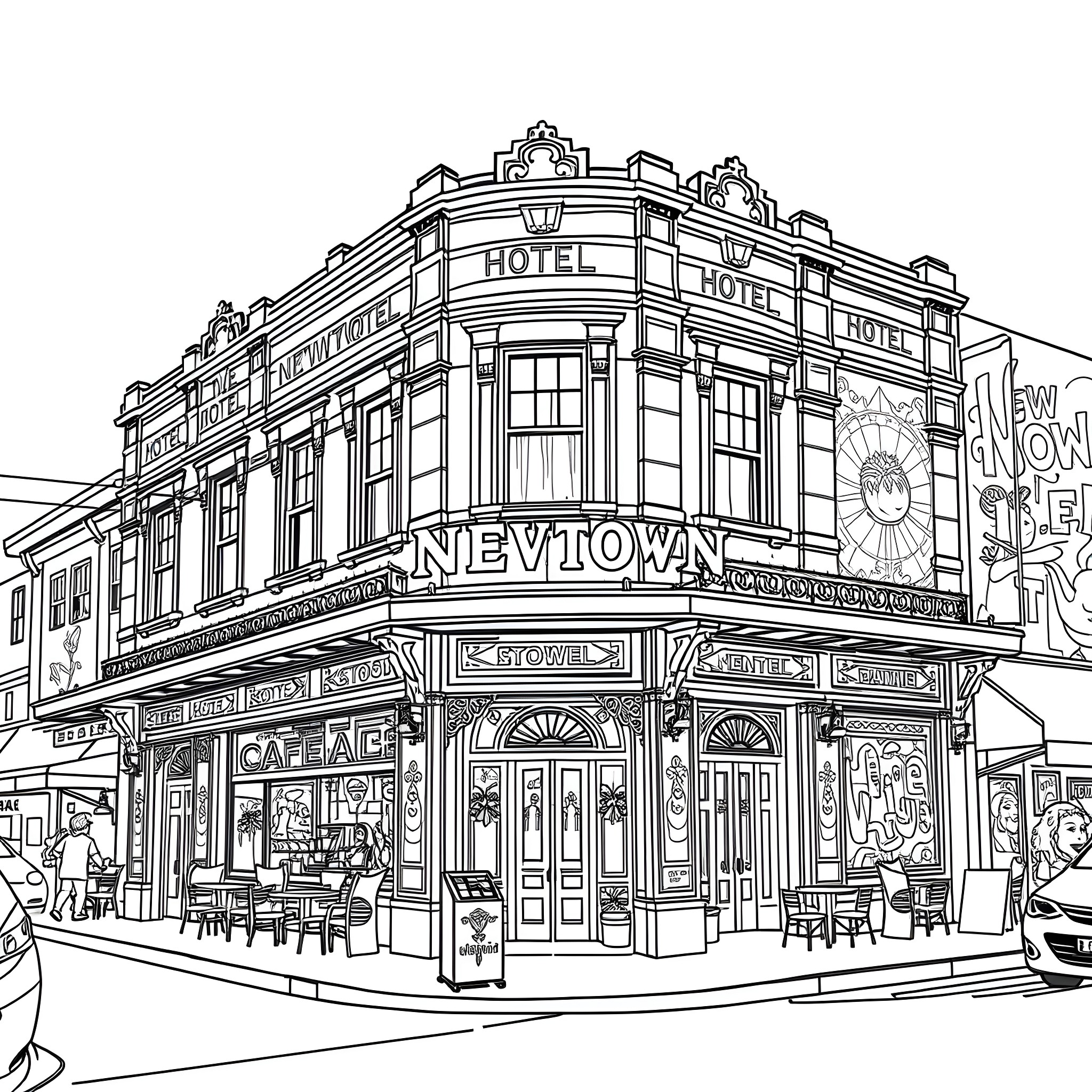 Hotel with shops and cafes on the street Coloring Page (free black-and-white line drawing printable PDF for all, from beginners to advanced learners, including children, teens, adults, and seniors)