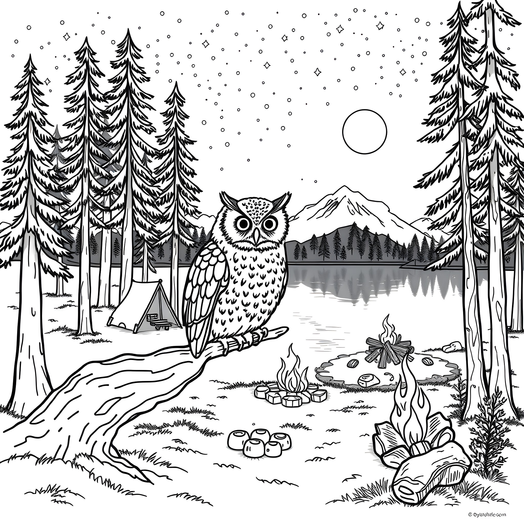 Owl in a Snowy Woodland Scene Coloring Page (free black-and-white line drawing printable PDF for all, from beginners to advanced learners, including children, teens, adults, and seniors)