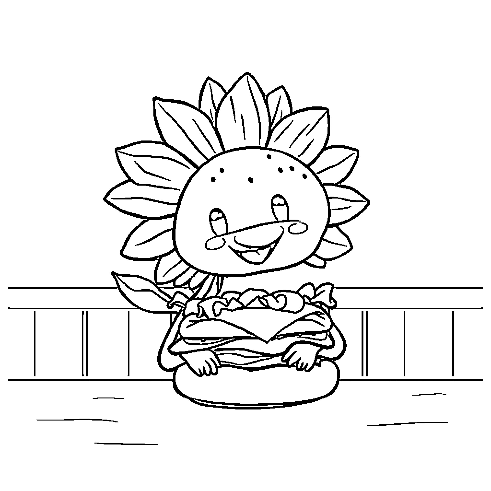 Flower Enjoying Delightful Snack Coloring Page (free black-and-white line drawing printable PDF for all, from beginners to advanced learners, including children, teens, adults, and seniors)