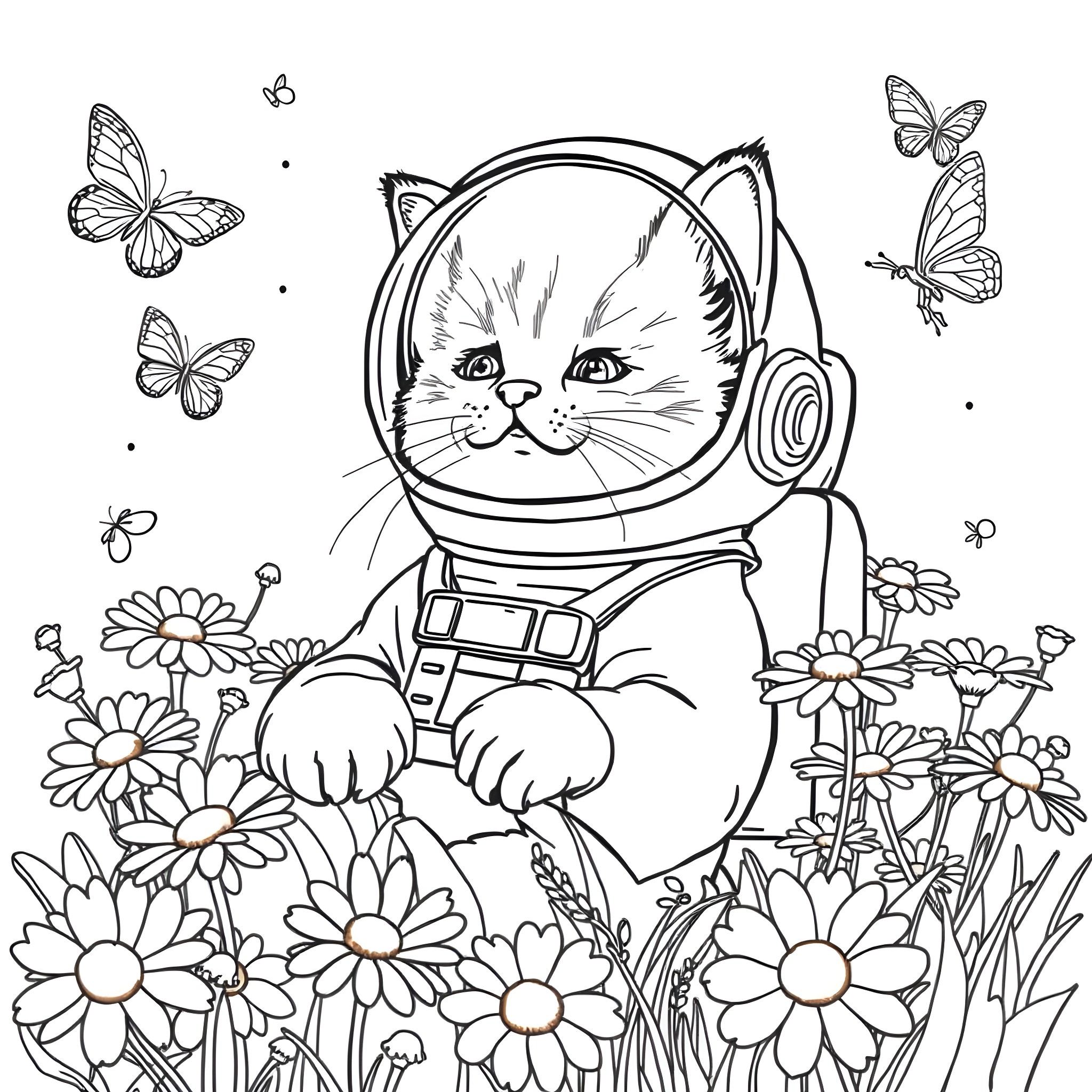 Kitten wearing space suit in flower field with butterflies Coloring Page (free black-and-white line drawing printable PDF for all, from beginners to advanced learners, including children, teens, adults, and seniors)