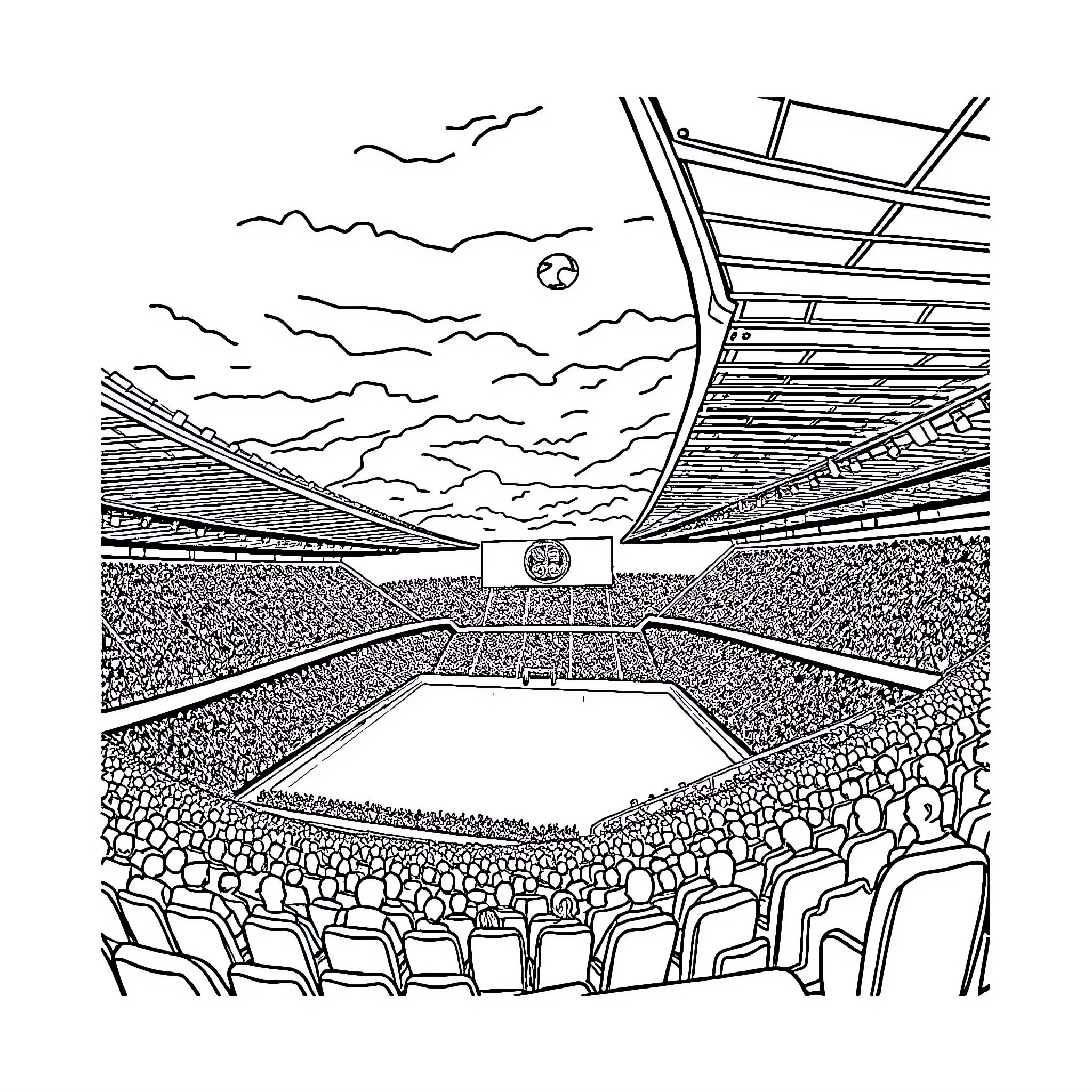 Stadium filled with excited spectators enjoying the game Coloring Page (free black-and-white line drawing printable PDF for all, from beginners to advanced learners, including children, teens, adults, and seniors)