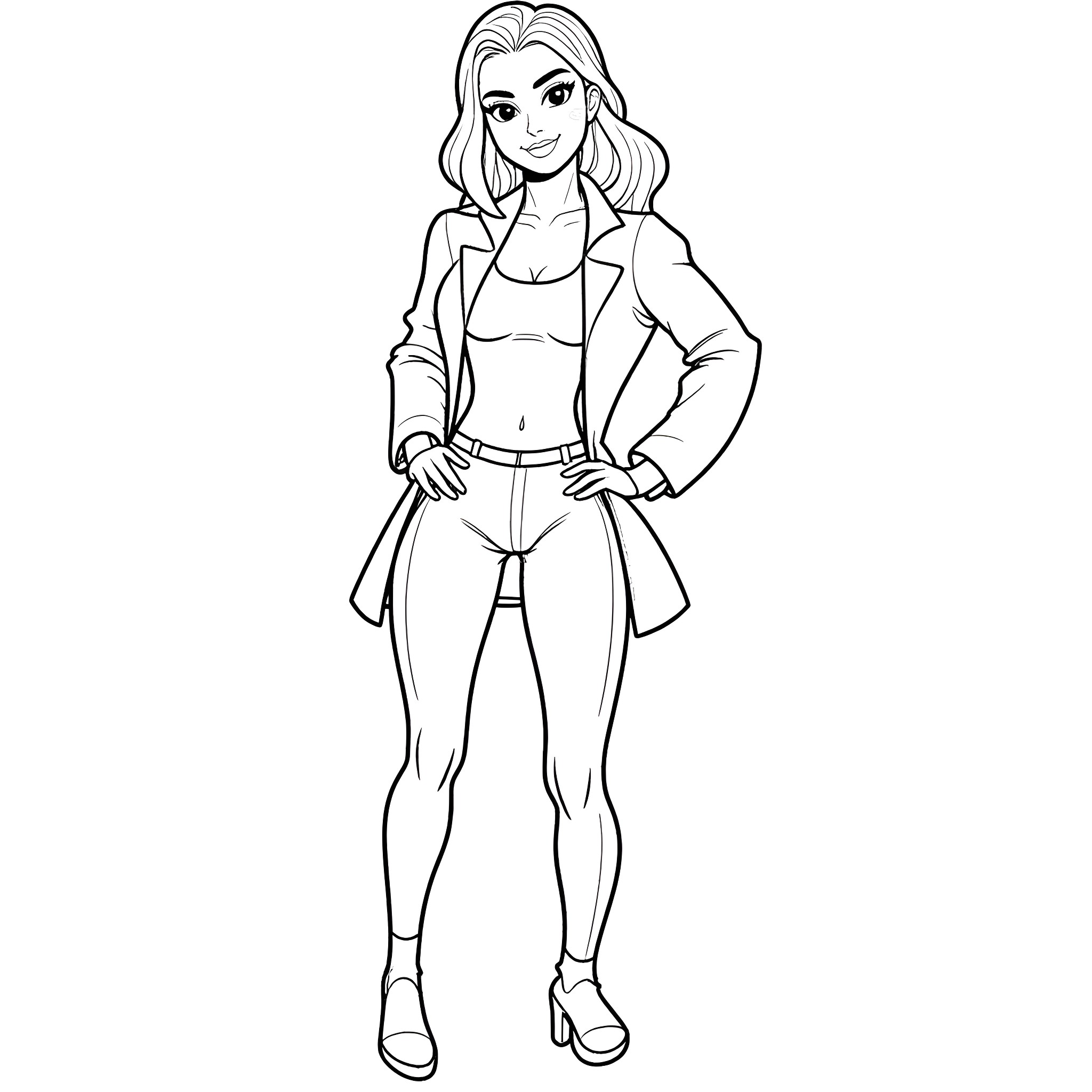 Skylar Vox in Stylish Outfit Posing Confidently Coloring Page (free black-and-white line drawing printable PDF for all, from beginners to advanced learners, including children, teens, adults, and seniors)