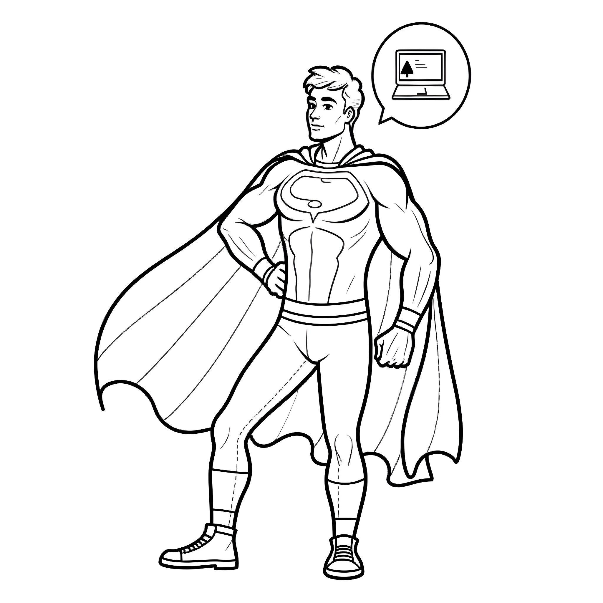 Superhero monitoring computer system with cape Coloring Page (free black-and-white line drawing printable PDF for all, from beginners to advanced learners, including children, teens, adults, and seniors)