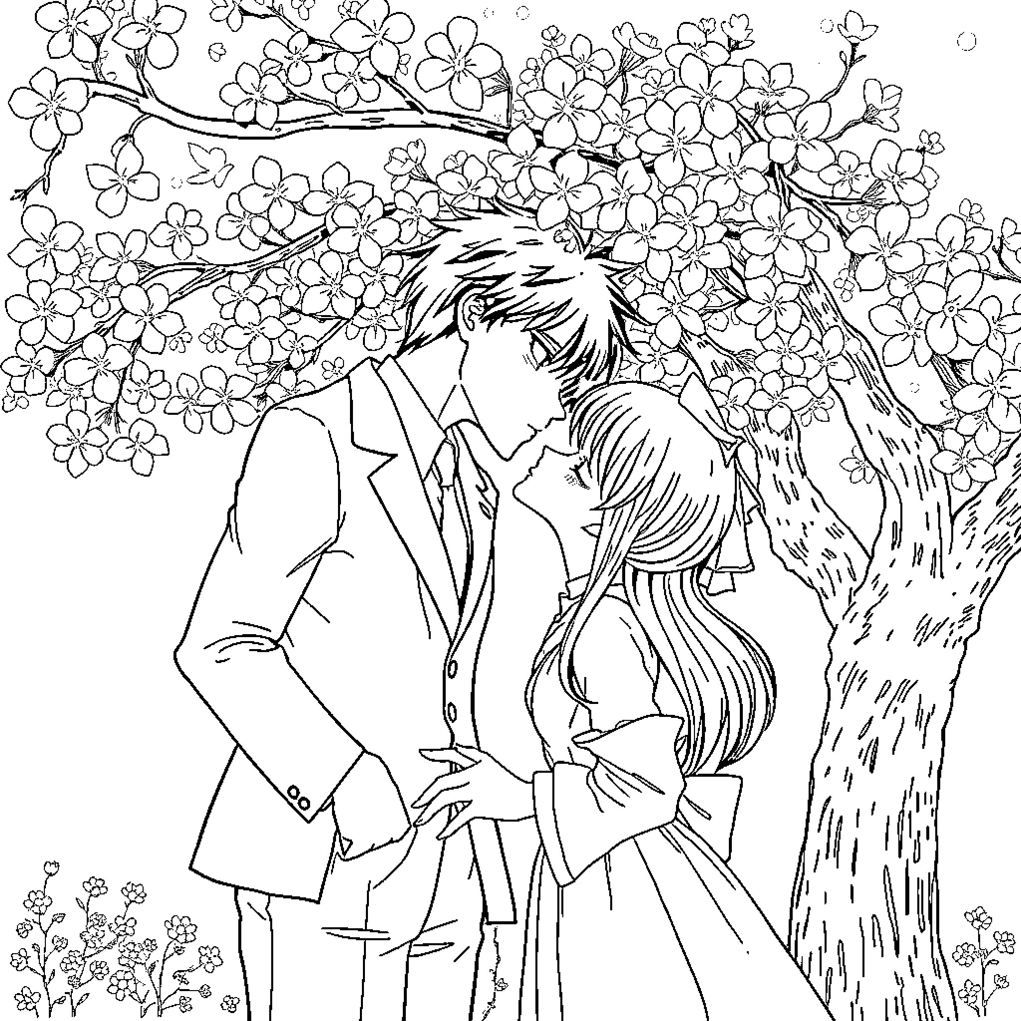 Hanamichi: Romantic Couple Embracing Beneath Blossoming Tree Coloring Page (free black-and-white line drawing printable PDF for all, from beginners to advanced learners, including children, teens, adults, and seniors)