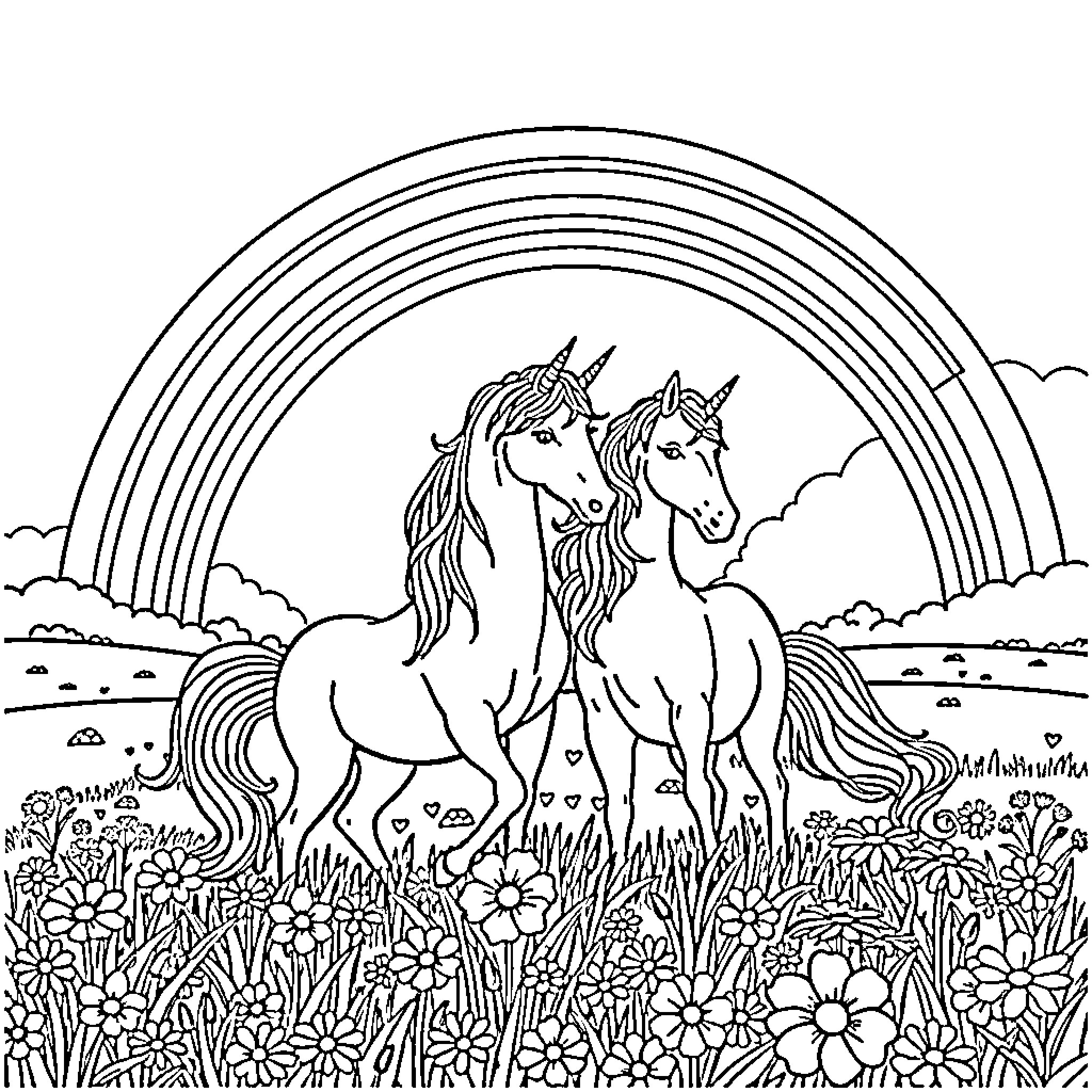 Unicorn duo frolicking in floral meadow under rainbow Coloring Page (free black-and-white line drawing printable PDF for all, from beginners to advanced learners, including children, teens, adults, and seniors)