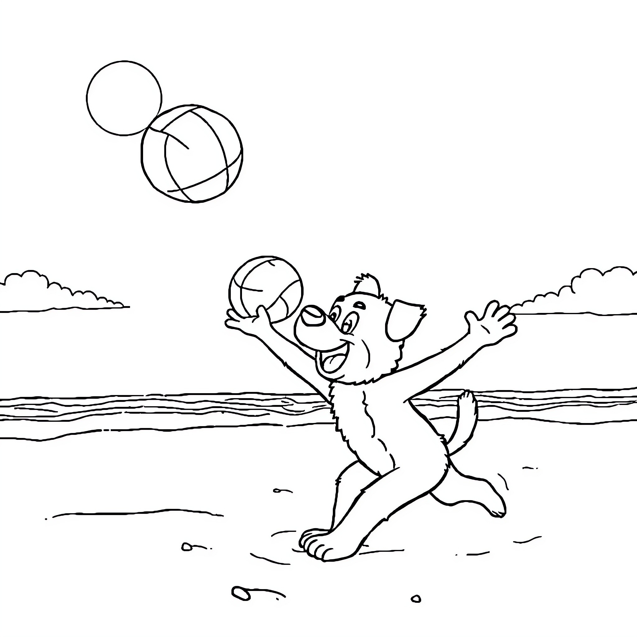 Labubu playing with beach balls on the shore Coloring Page (free black-and-white line drawing printable PDF for all, from beginners to advanced learners, including children, teens, adults, and seniors)