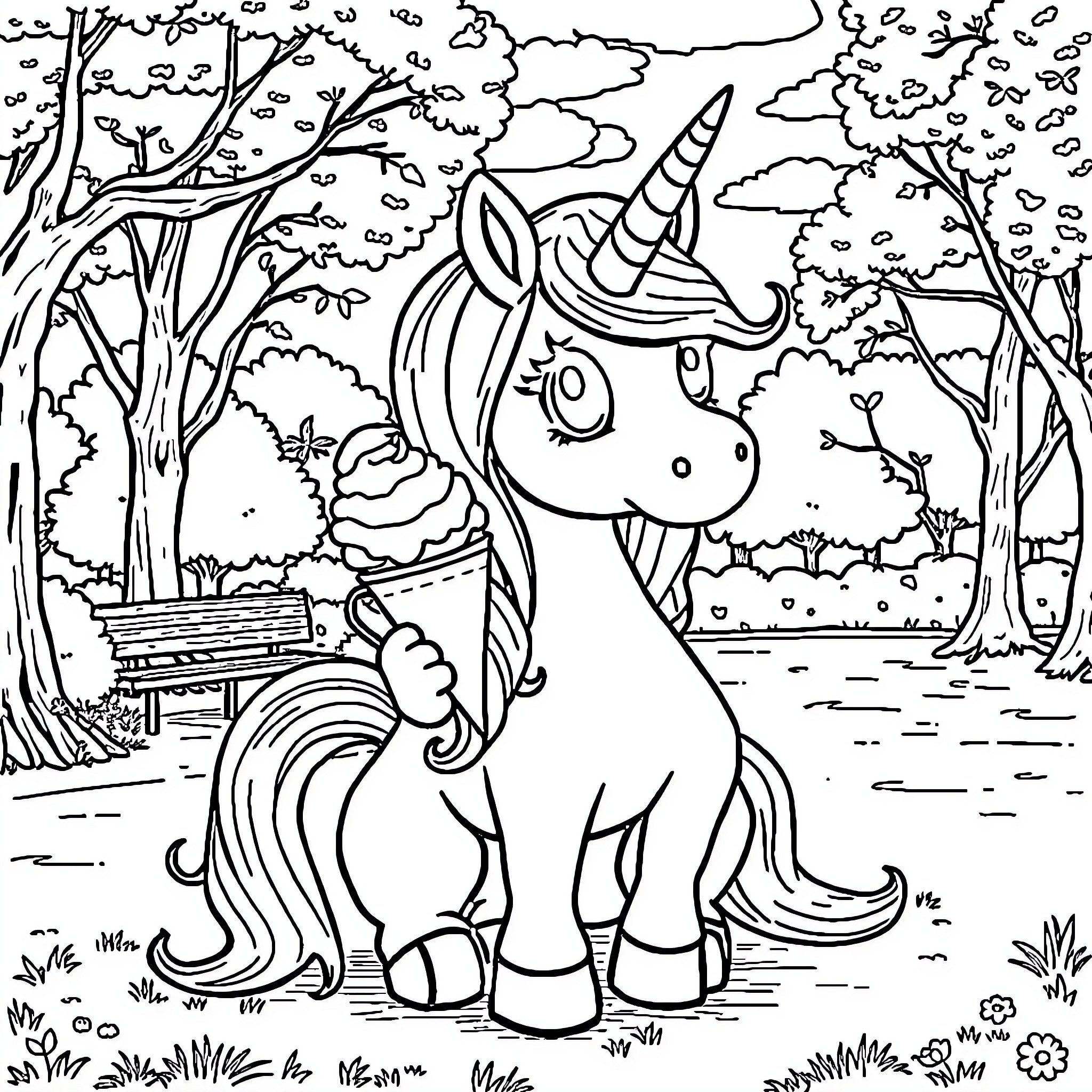 Unicorn enjoying a peaceful day in the forest Coloring Page (free black-and-white line drawing printable PDF for all, from beginners to advanced learners, including children, teens, adults, and seniors)