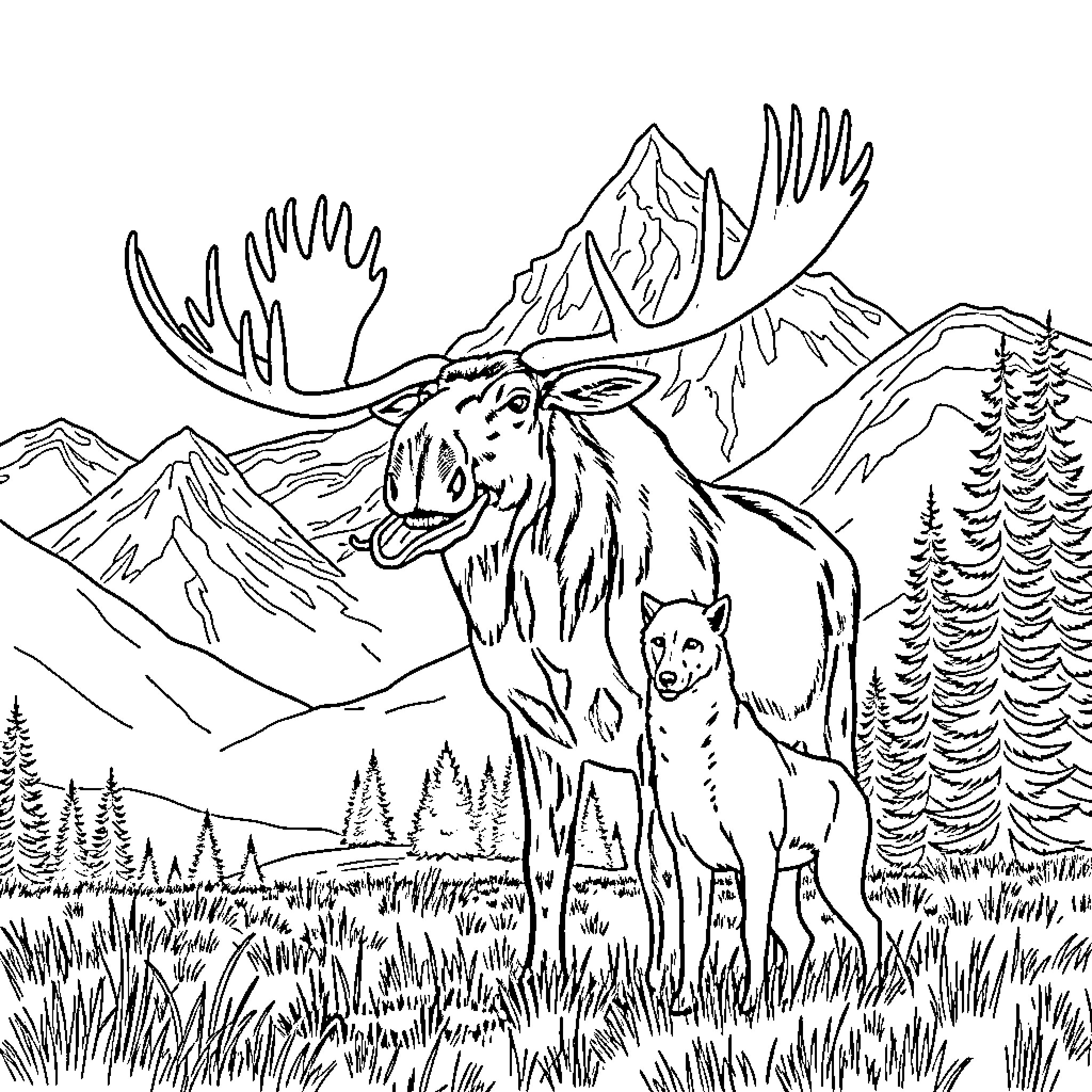 Moose and cub in majestic mountain landscape Coloring Page (free black-and-white line drawing printable PDF for all, from beginners to advanced learners, including children, teens, adults, and seniors)