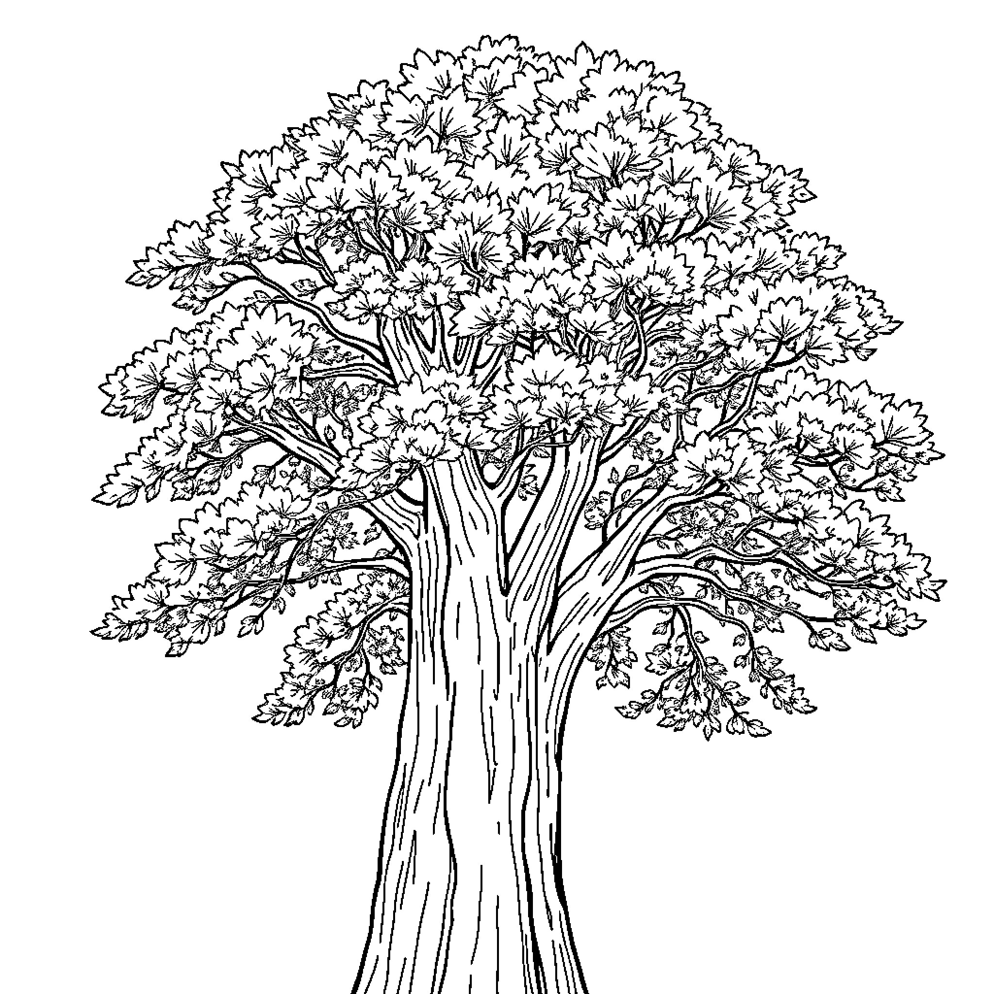 Tree with lush foliage and intricate branches Coloring Page (free black-and-white line drawing printable PDF for all, from beginners to advanced learners, including children, teens, adults, and seniors)