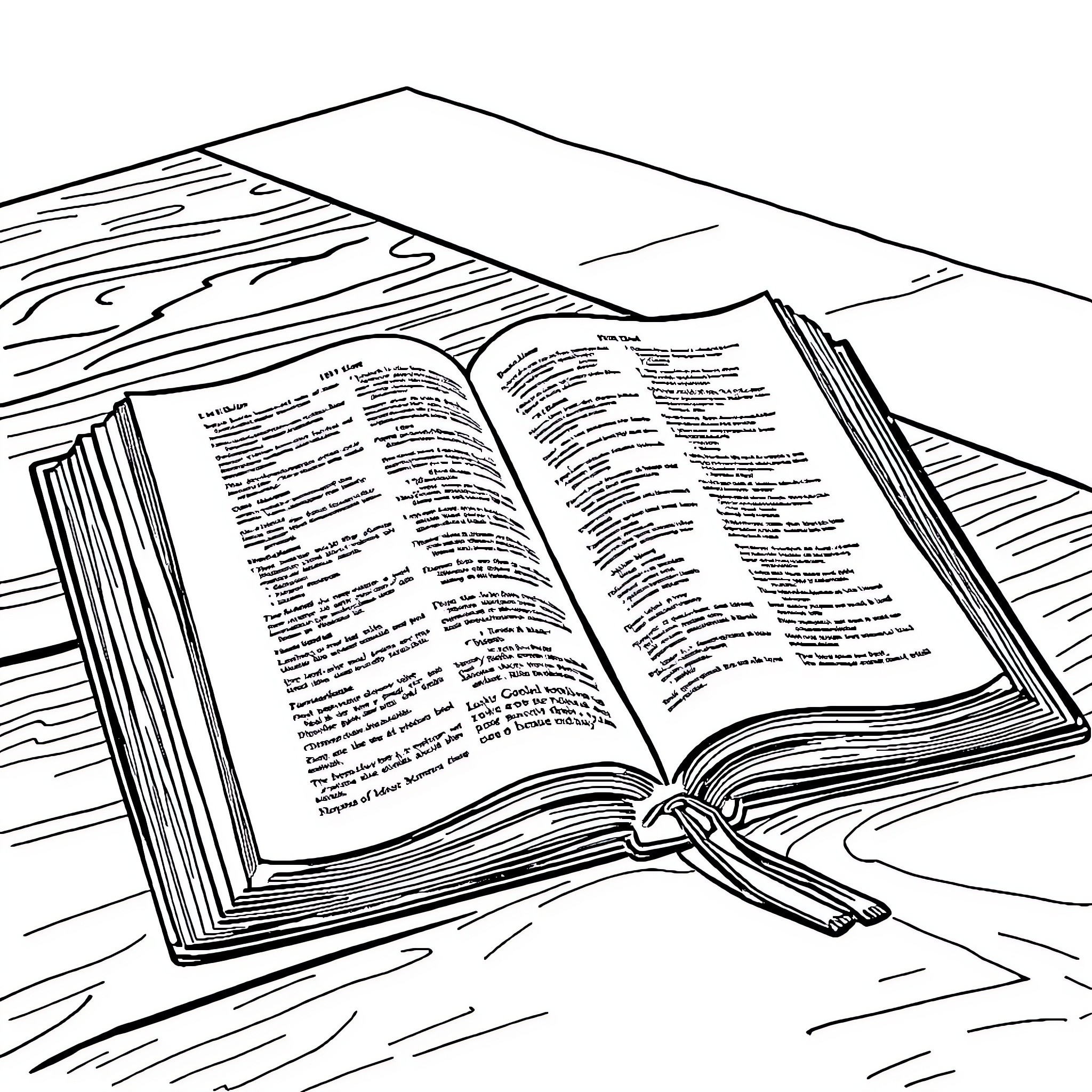 Bible open on worn wooden table Coloring Page (free black-and-white line drawing printable PDF for all, from beginners to advanced learners, including children, teens, adults, and seniors)