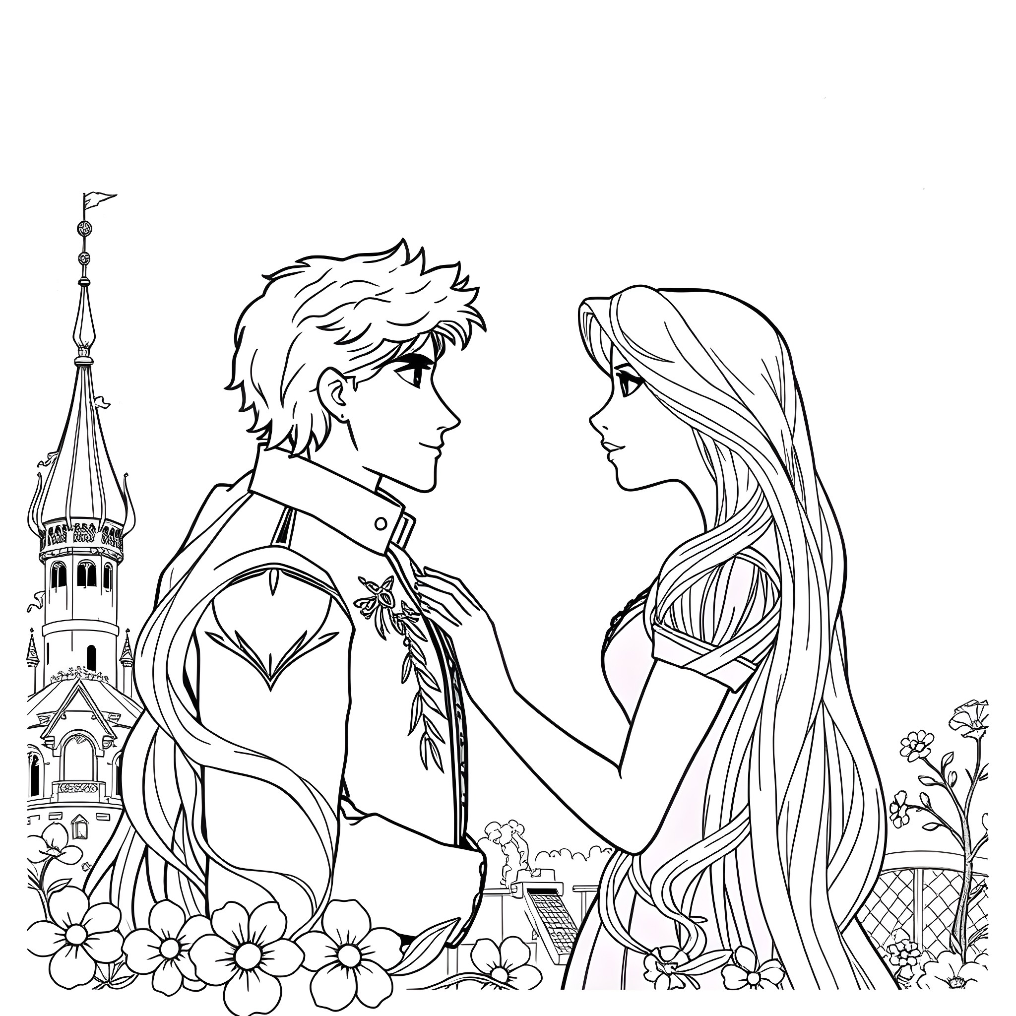 Rapunzel and prince embrace in garden Coloring Page (free black-and-white line drawing printable PDF for all, from beginners to advanced learners, including children, teens, adults, and seniors)