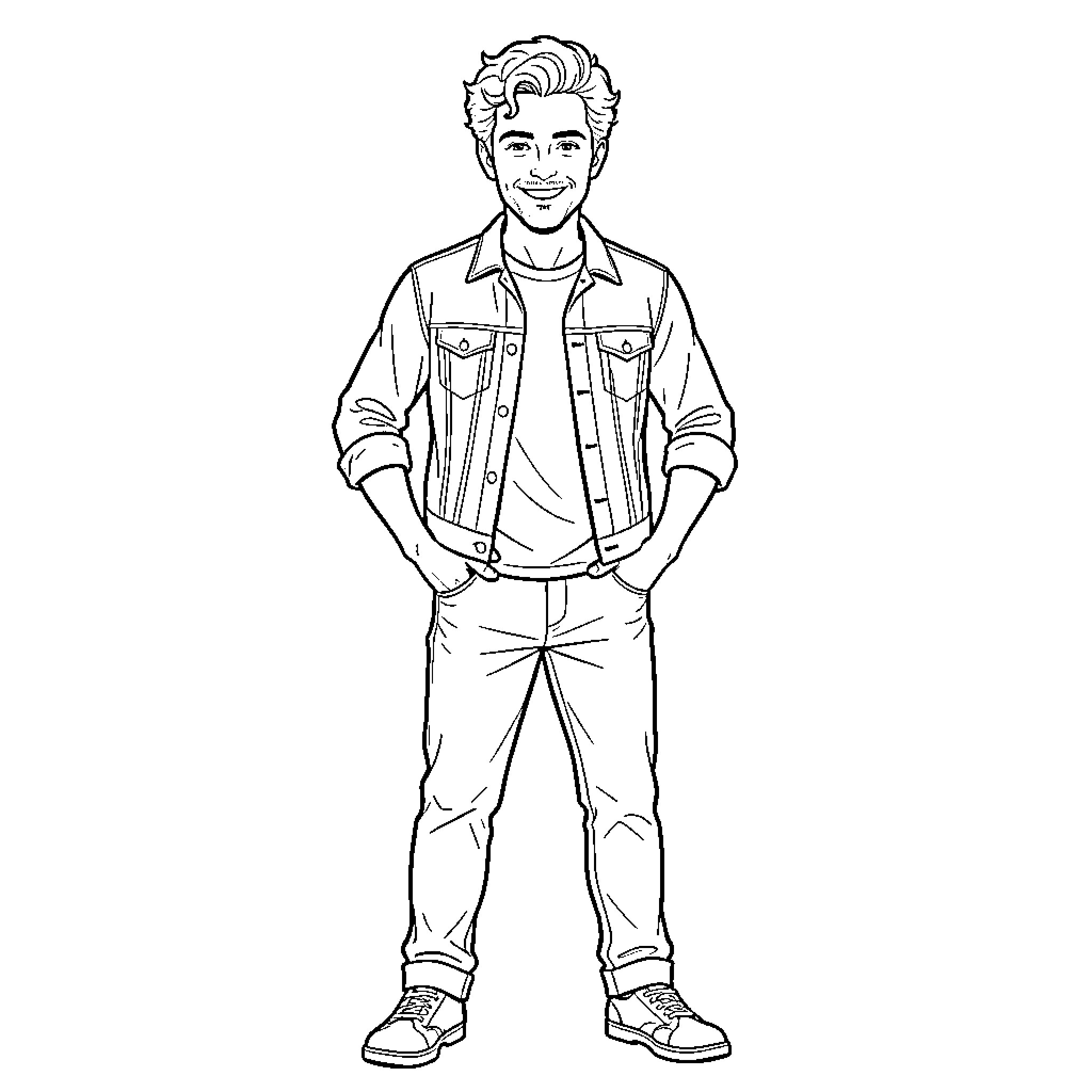 Tom Holland smiling while wearing a denim jacket and jeans Coloring Page (free black-and-white line drawing printable PDF for all, from beginners to advanced learners, including children, teens, adults, and seniors)