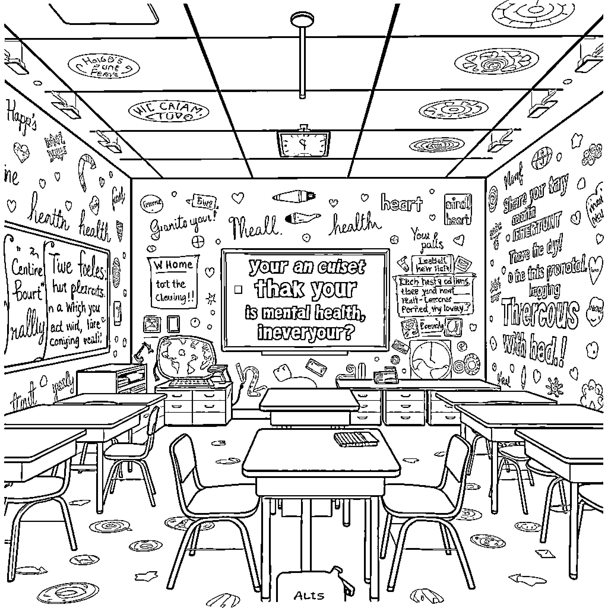 Mental Health: A Classroom Dialogue on Self-Awareness Coloring Page (free black-and-white line drawing printable PDF for all, from beginners to advanced learners, including children, teens, adults, and seniors)
