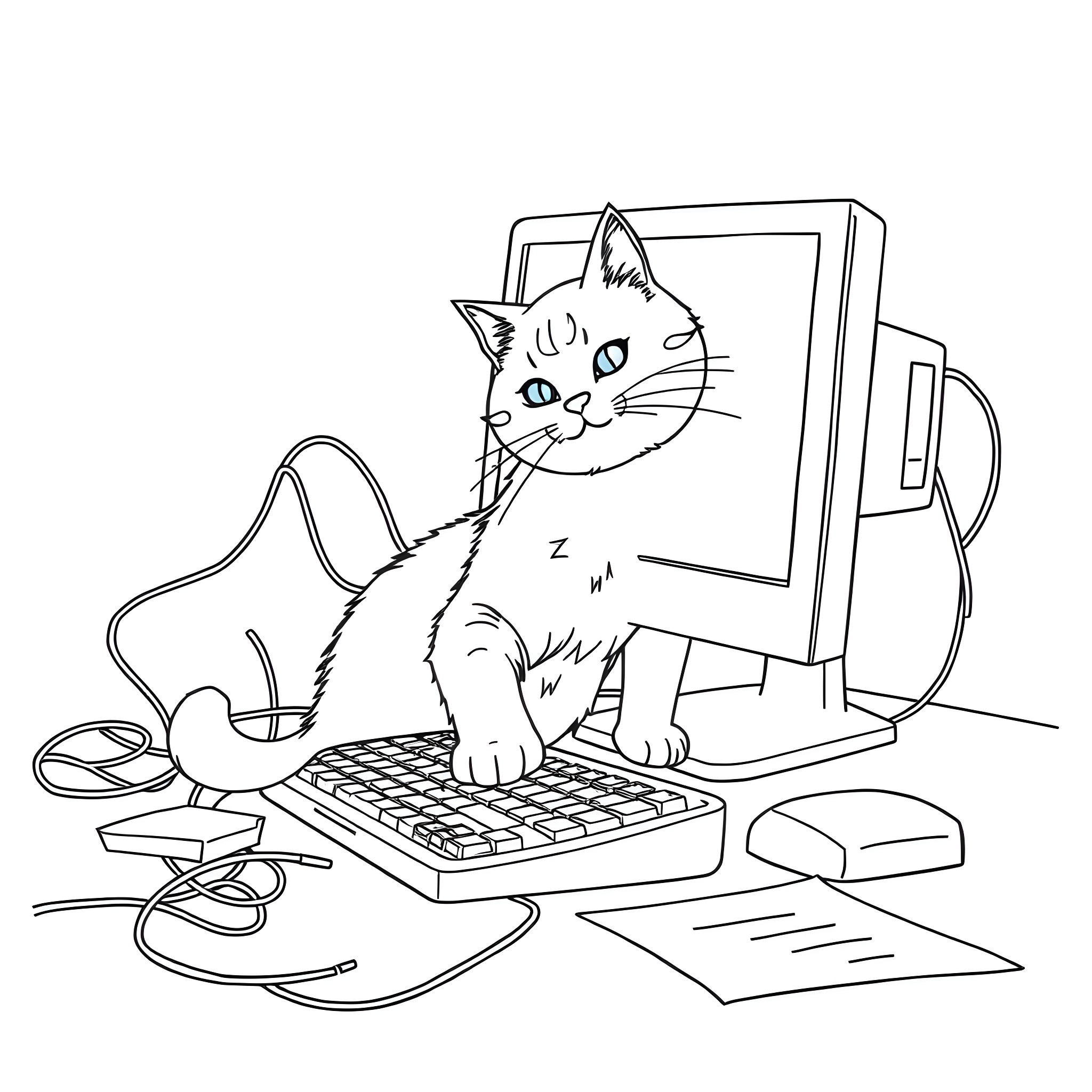 Cat resting on computer desk Coloring Page (free black-and-white line drawing printable PDF for all, from beginners to advanced learners, including children, teens, adults, and seniors)
