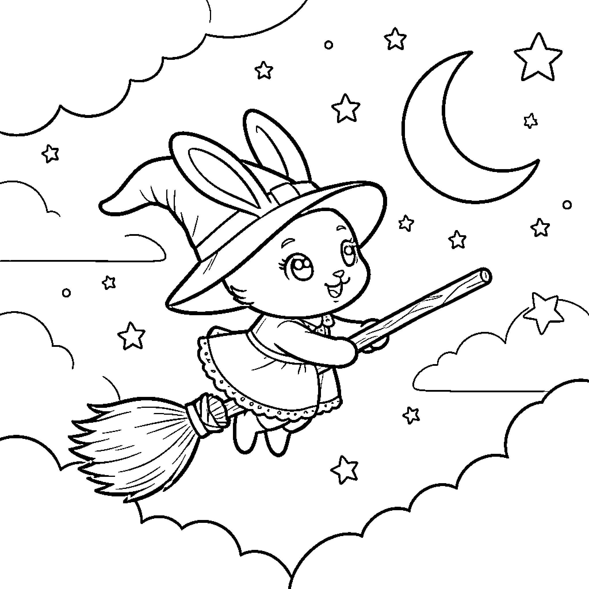 Witch Bunny flying on a broomstick through the night sky Coloring Page (free black-and-white line drawing printable PDF for all, from beginners to advanced learners, including children, teens, adults, and seniors)