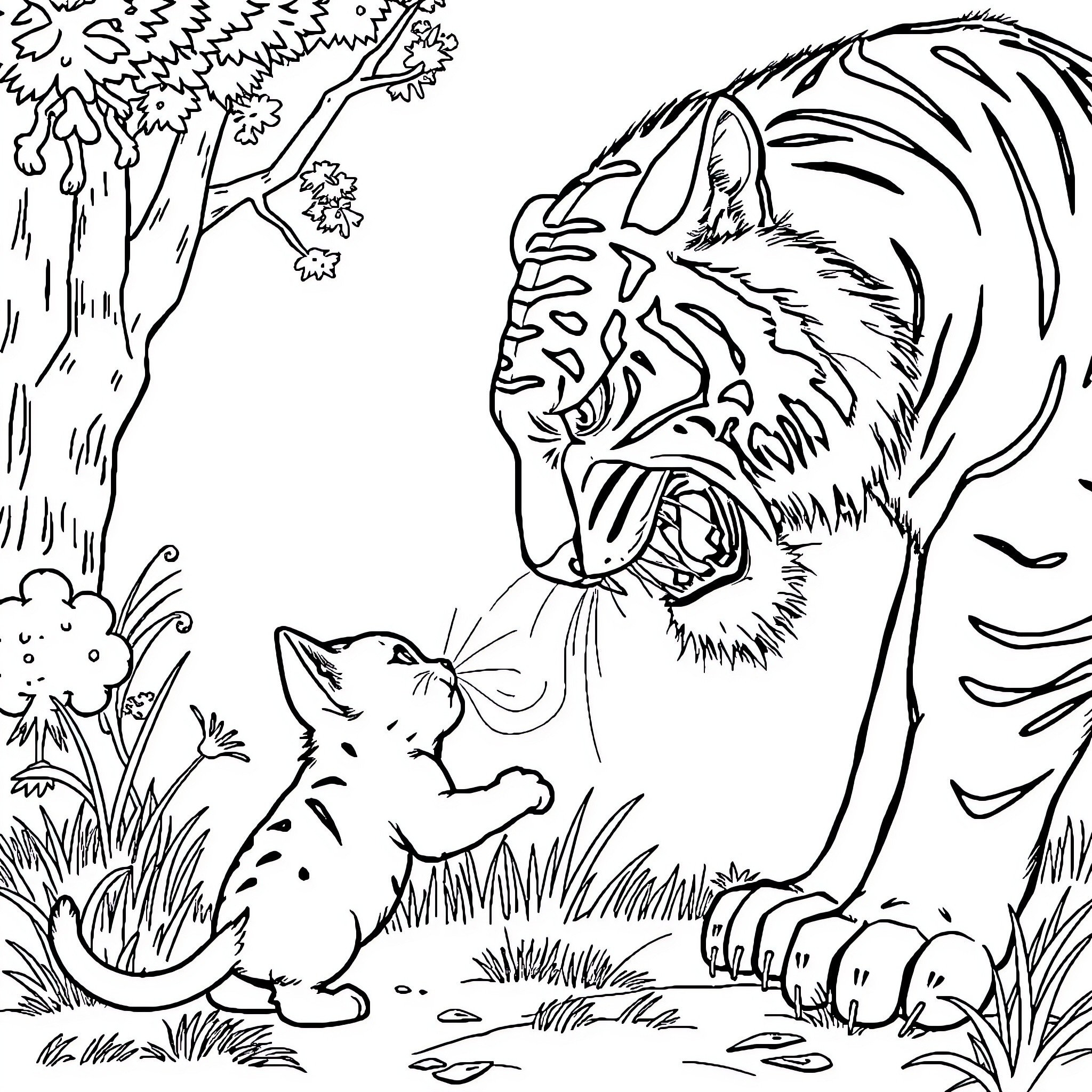 Cat vs Tiger: Confrontation in the Wild Coloring Page (free black-and-white line drawing printable PDF for all, from beginners to advanced learners, including children, teens, adults, and seniors)