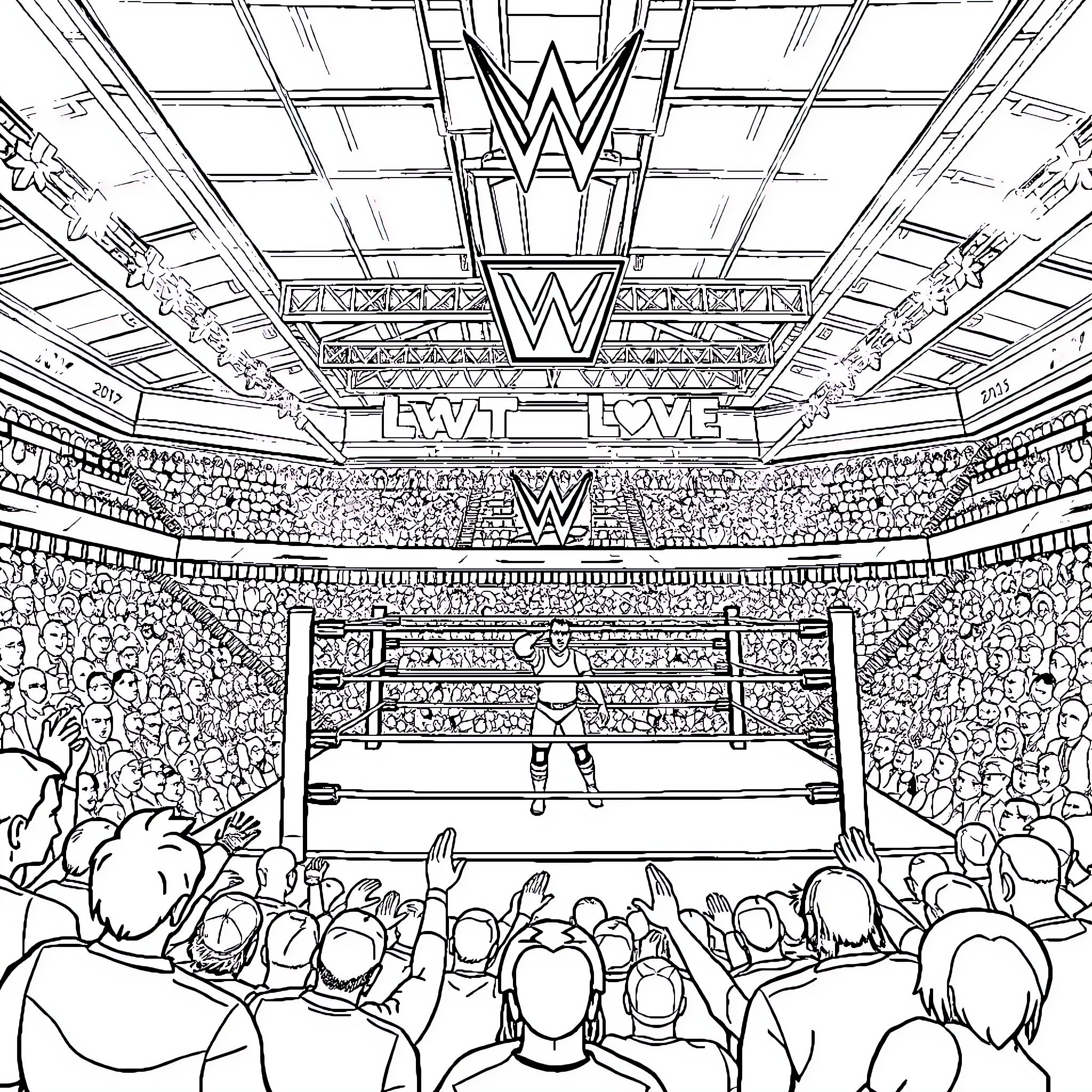 Wrestling event in a packed arena Coloring Page (free black-and-white line drawing printable PDF for all, from beginners to advanced learners, including children, teens, adults, and seniors)