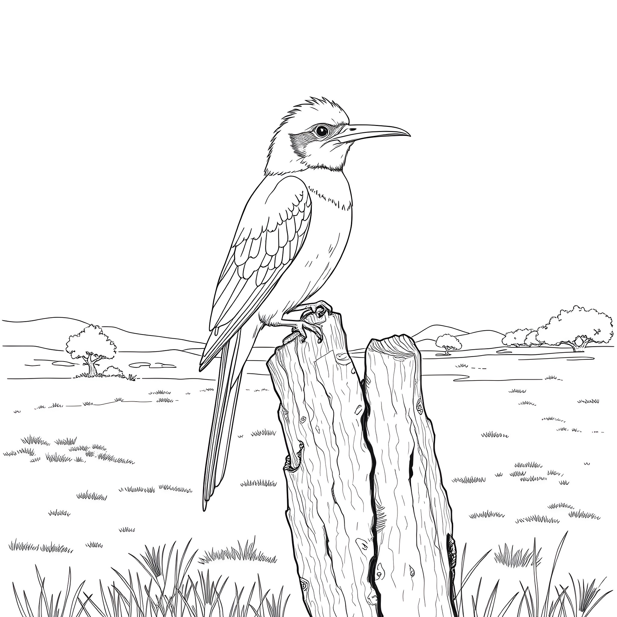Chlorochrysa Phoenicotis perched on a wooden stump in a natural landscape Coloring Page (free black-and-white line drawing printable PDF for all, from beginners to advanced learners, including children, teens, adults, and seniors)