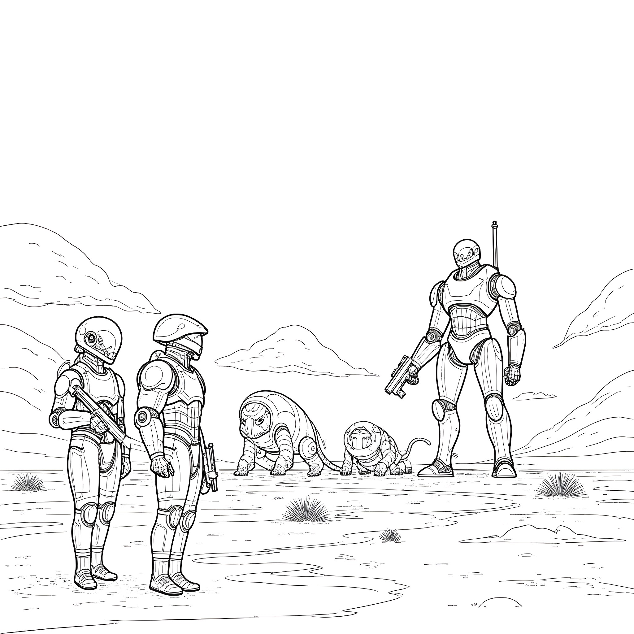 Warhammer Warriors in Futuristic Desert Landscape Coloring Page (free black-and-white line drawing printable PDF for all, from beginners to advanced learners, including children, teens, adults, and seniors)