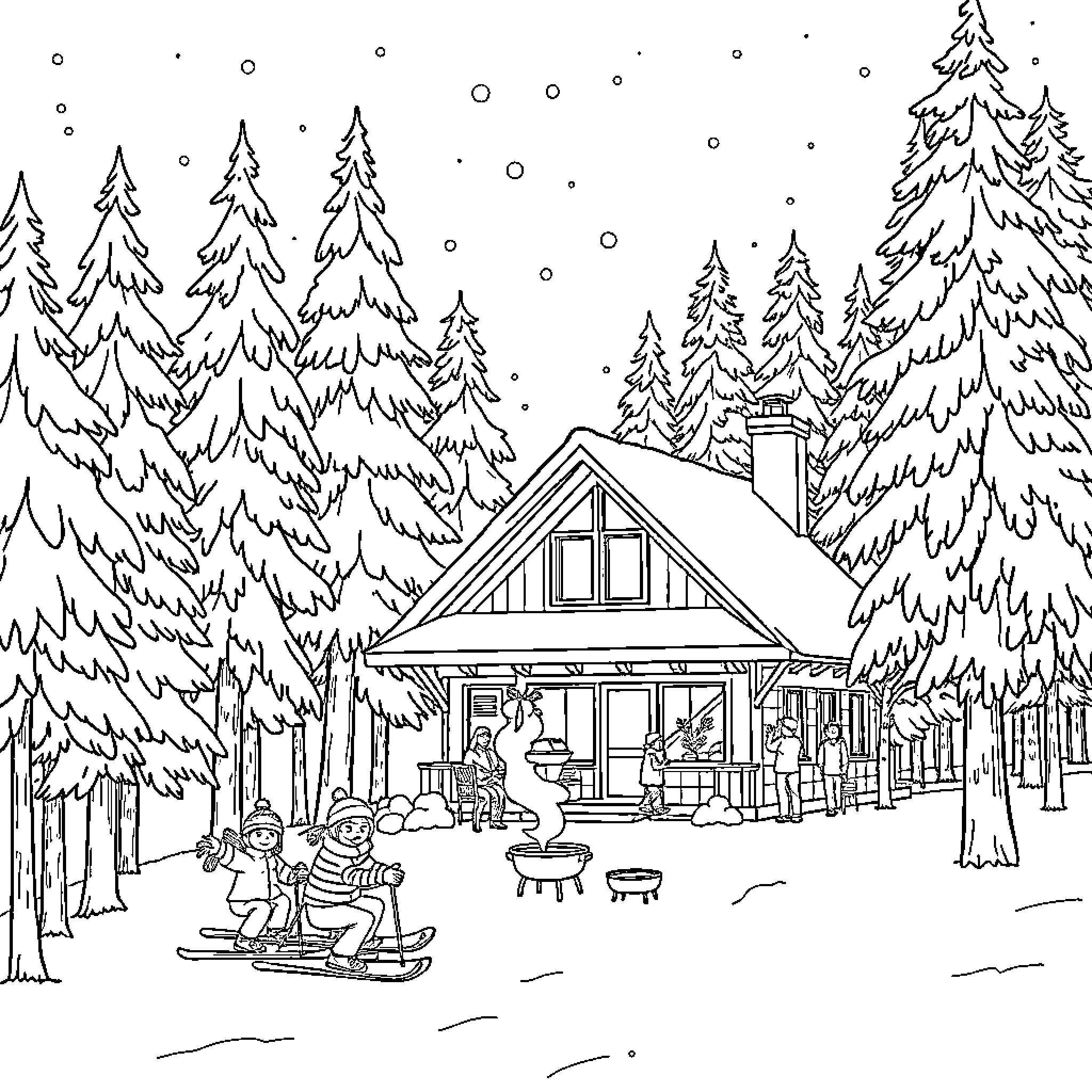 Cabin in the snowy forest with families enjoying outdoor activities Coloring Page (free black-and-white line drawing printable PDF for all, from beginners to advanced learners, including children, teens, adults, and seniors)
