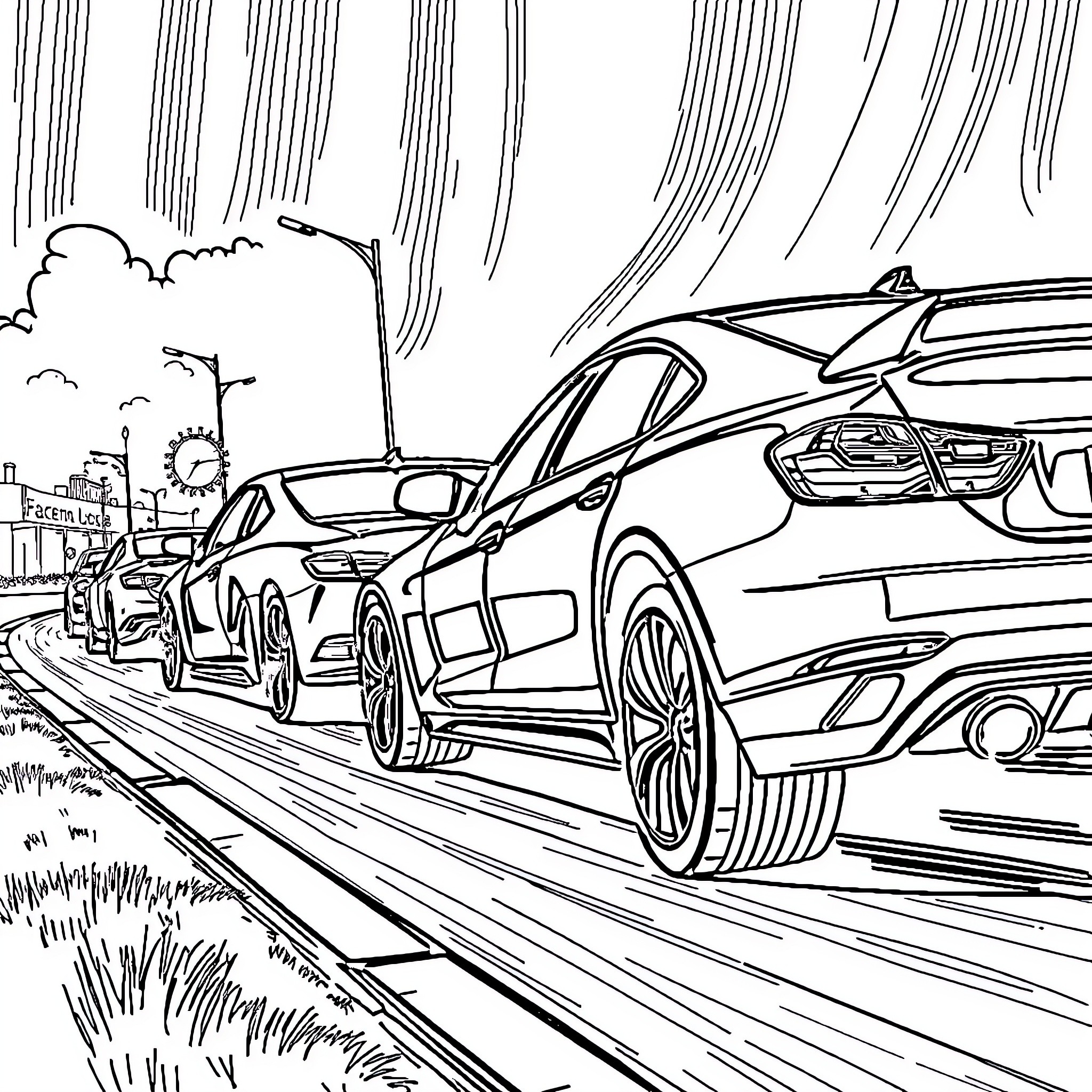 Car speeding through rainy city street Coloring Page (free black-and-white line drawing printable PDF for all, from beginners to advanced learners, including children, teens, adults, and seniors)
