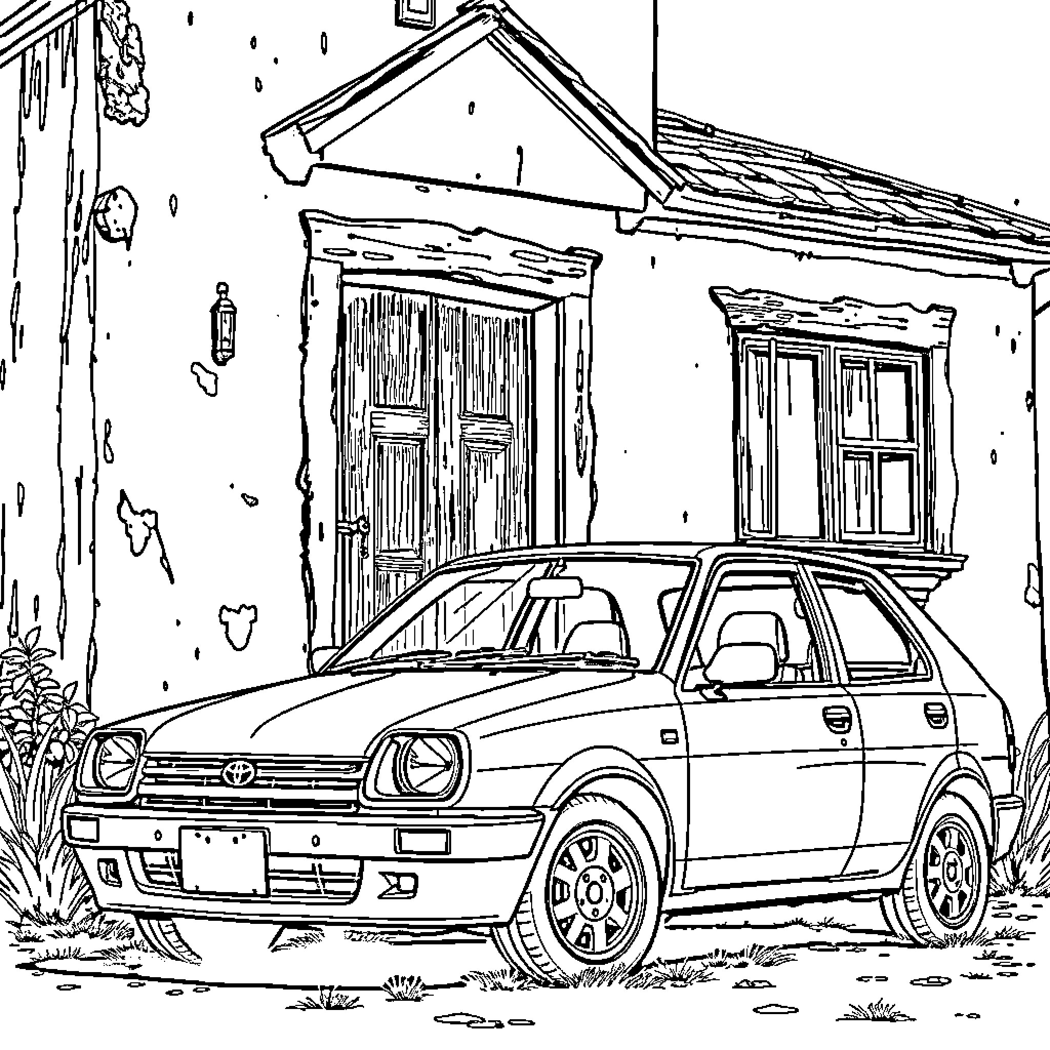 Toyota Starlet parked in front of old wooden house Coloring Page (free black-and-white line drawing printable PDF for all, from beginners to advanced learners, including children, teens, adults, and seniors)