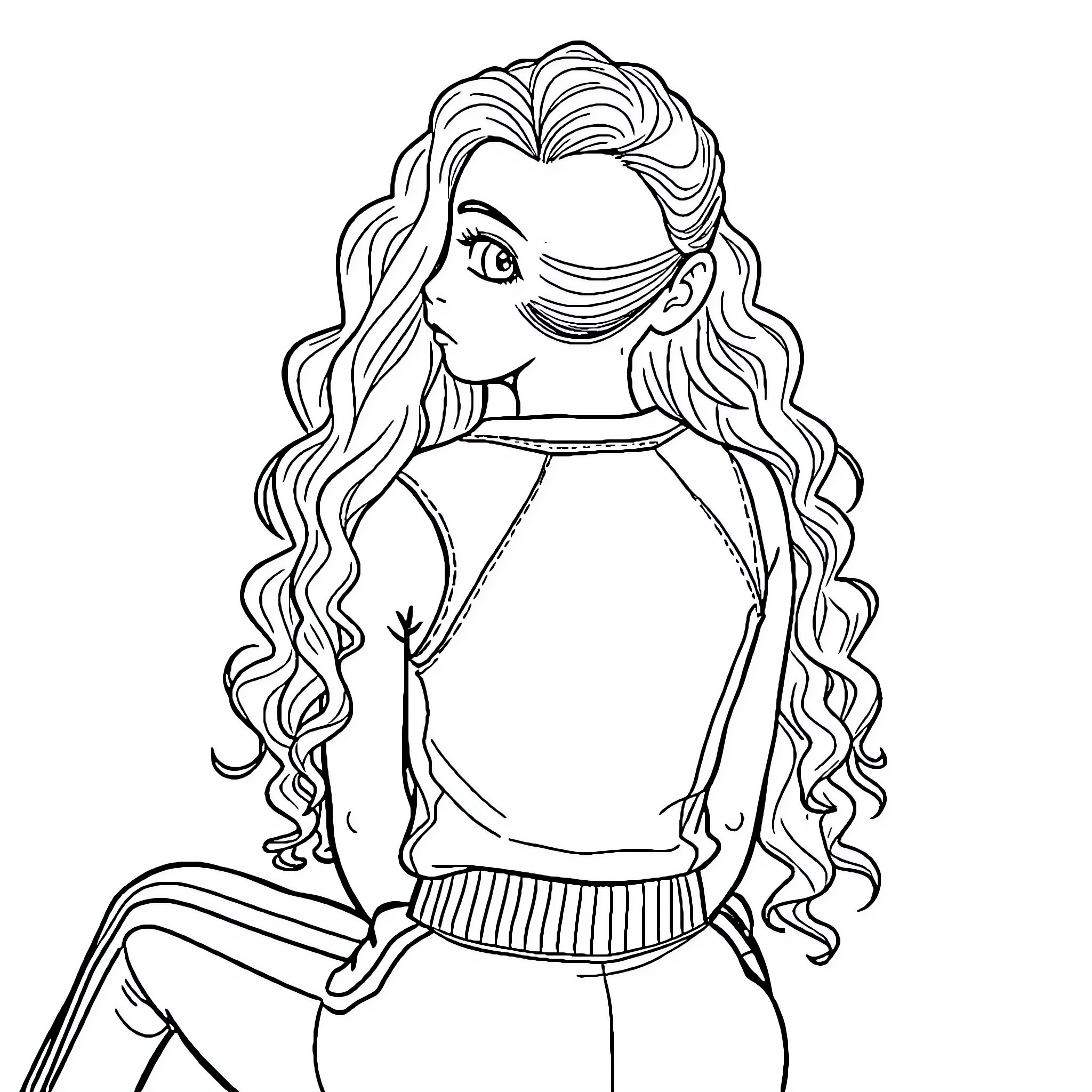 Athlete with Flowing Curly Hair Coloring Page (free black-and-white line drawing printable PDF for all, from beginners to advanced learners, including children, teens, adults, and seniors)