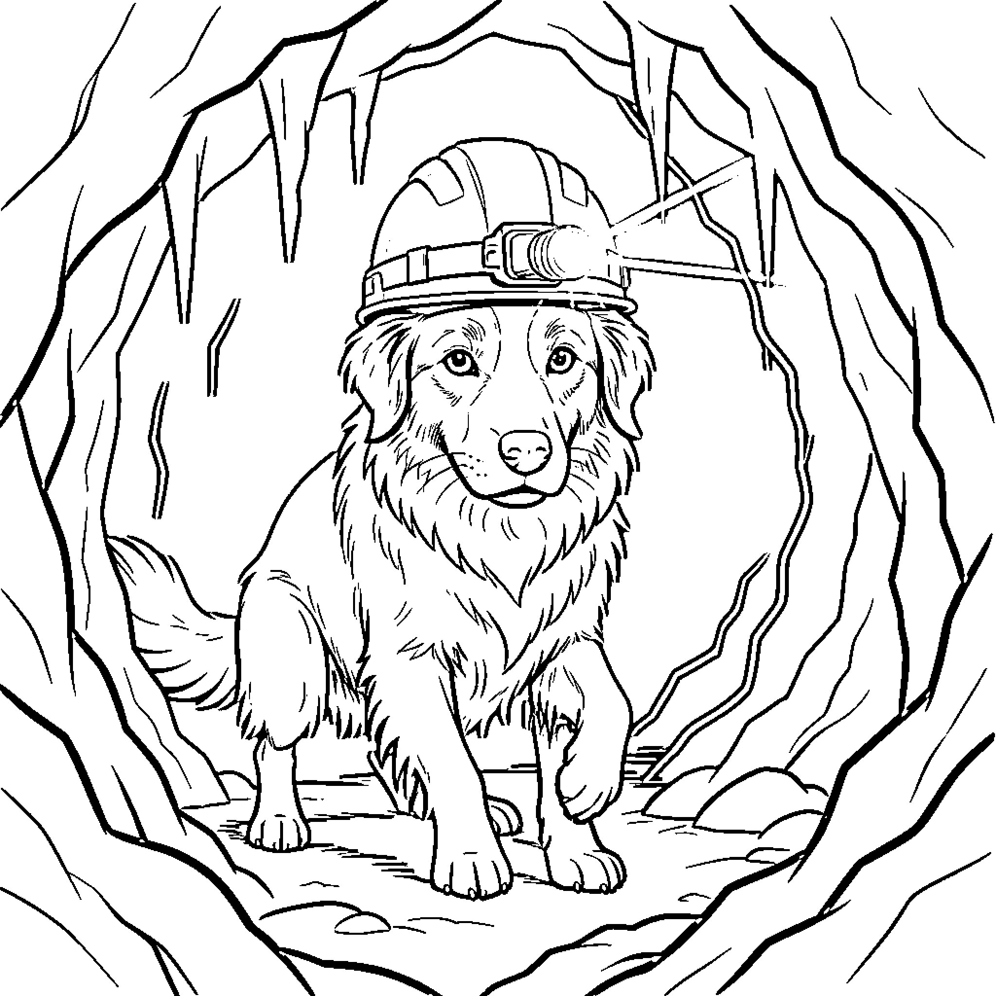 Border Collie Exploring the Cave Coloring Page (free black-and-white line drawing printable PDF for all, from beginners to advanced learners, including children, teens, adults, and seniors)