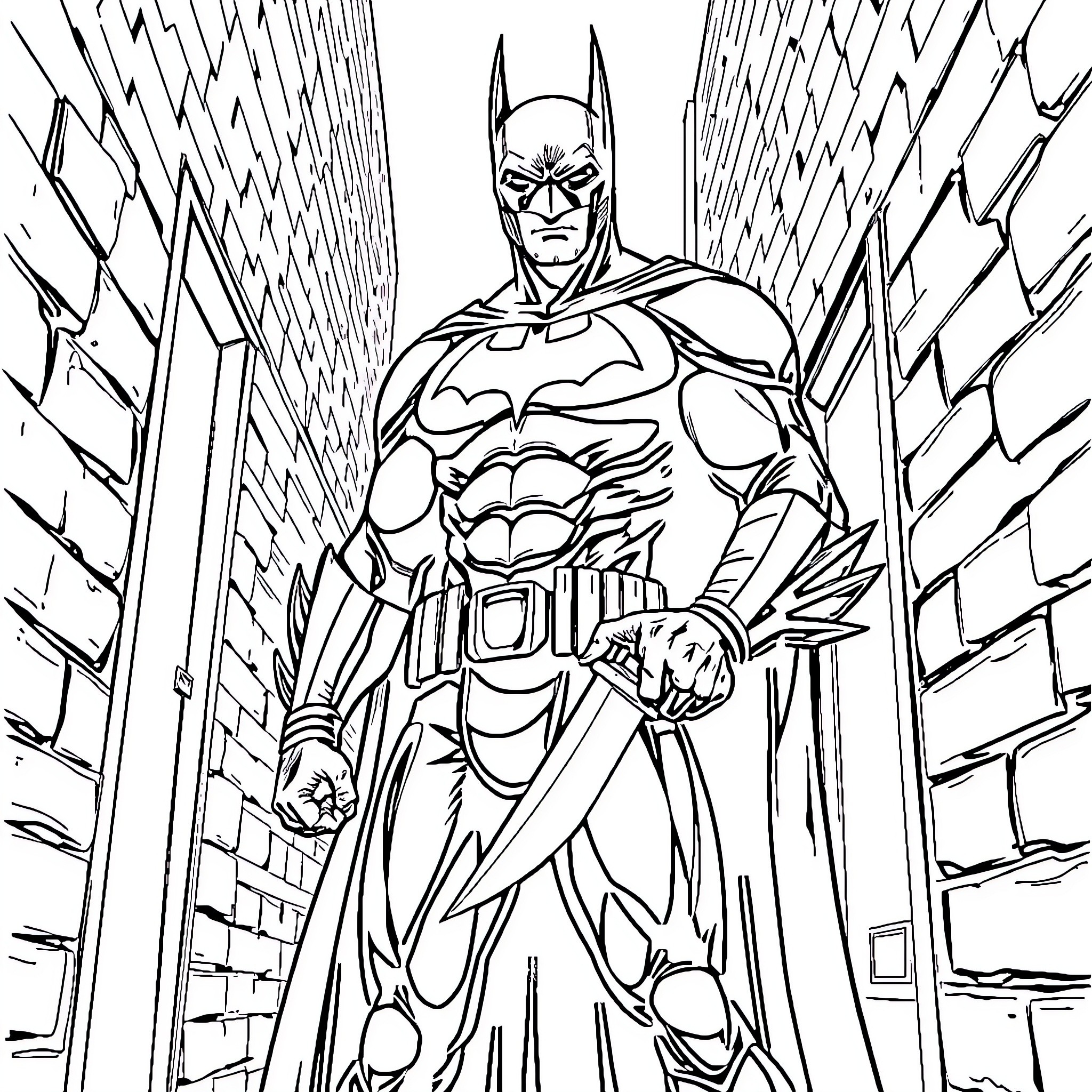 Batman standing heroically in a dark city alley Coloring Page (free black-and-white line drawing printable PDF for all, from beginners to advanced learners, including children, teens, adults, and seniors)