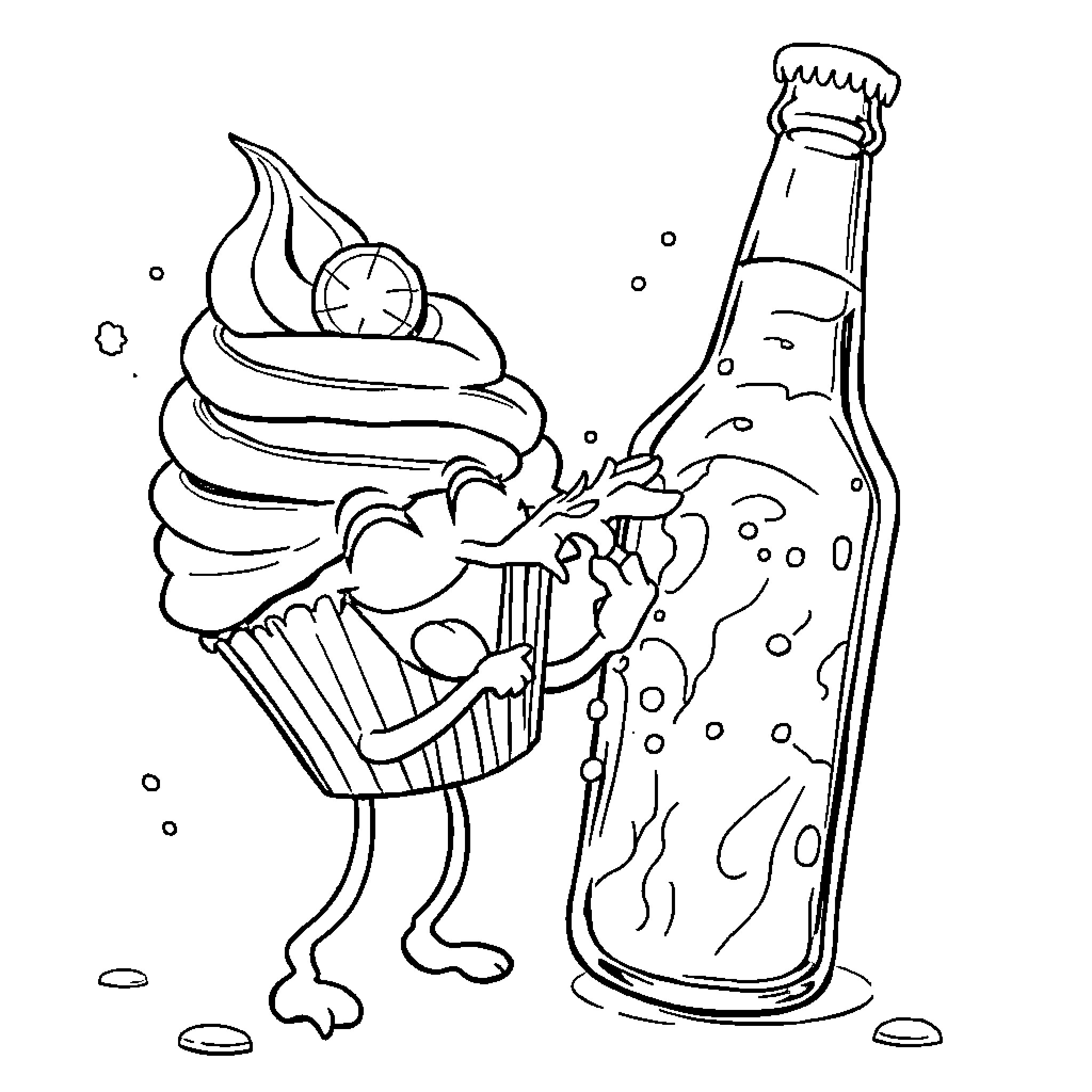 Cupcake celebrating with champagne bottle Coloring Page (free black-and-white line drawing printable PDF for all, from beginners to advanced learners, including children, teens, adults, and seniors)