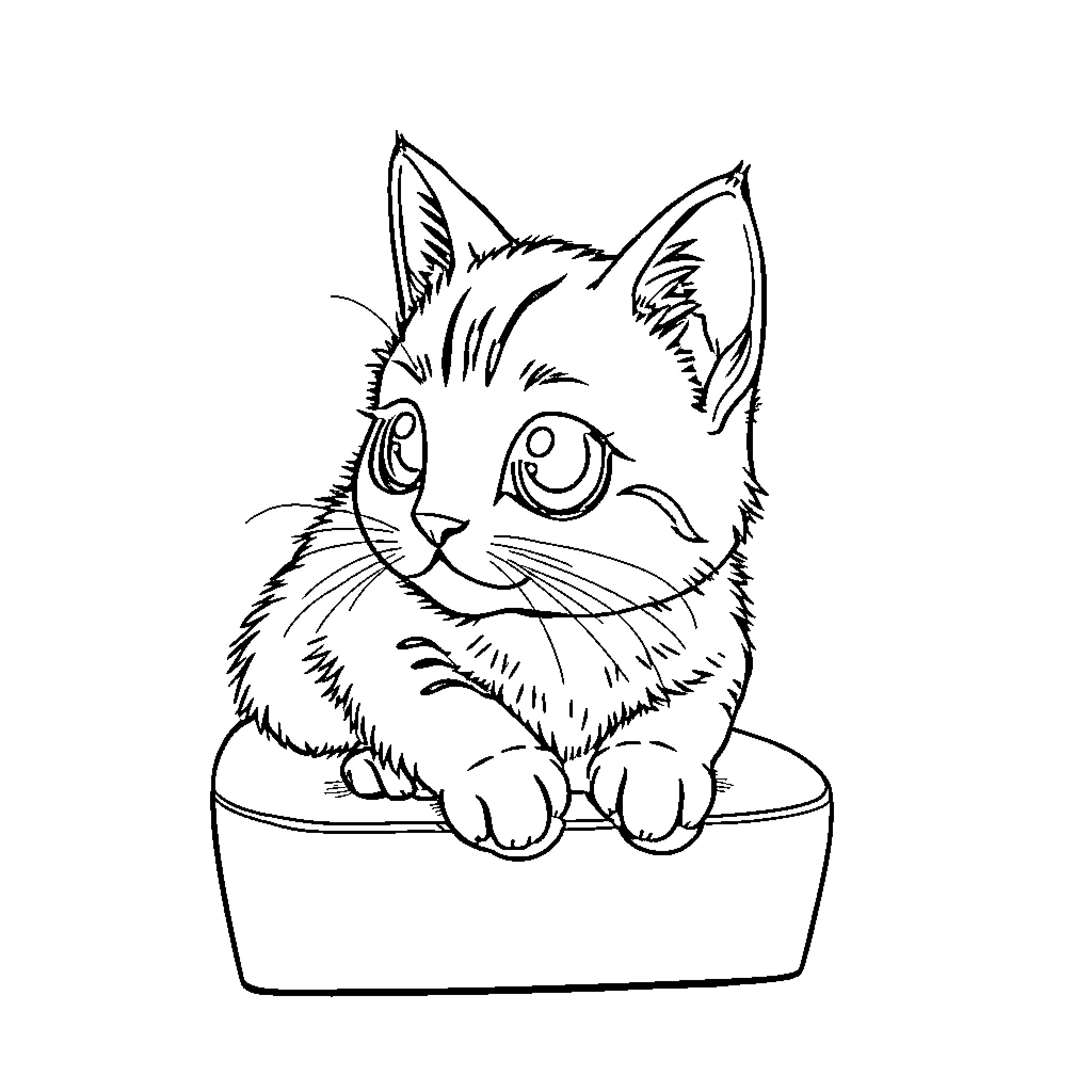 Cat in a Cozy Container Coloring Page (free black-and-white line drawing printable PDF for all, from beginners to advanced learners, including children, teens, adults, and seniors)