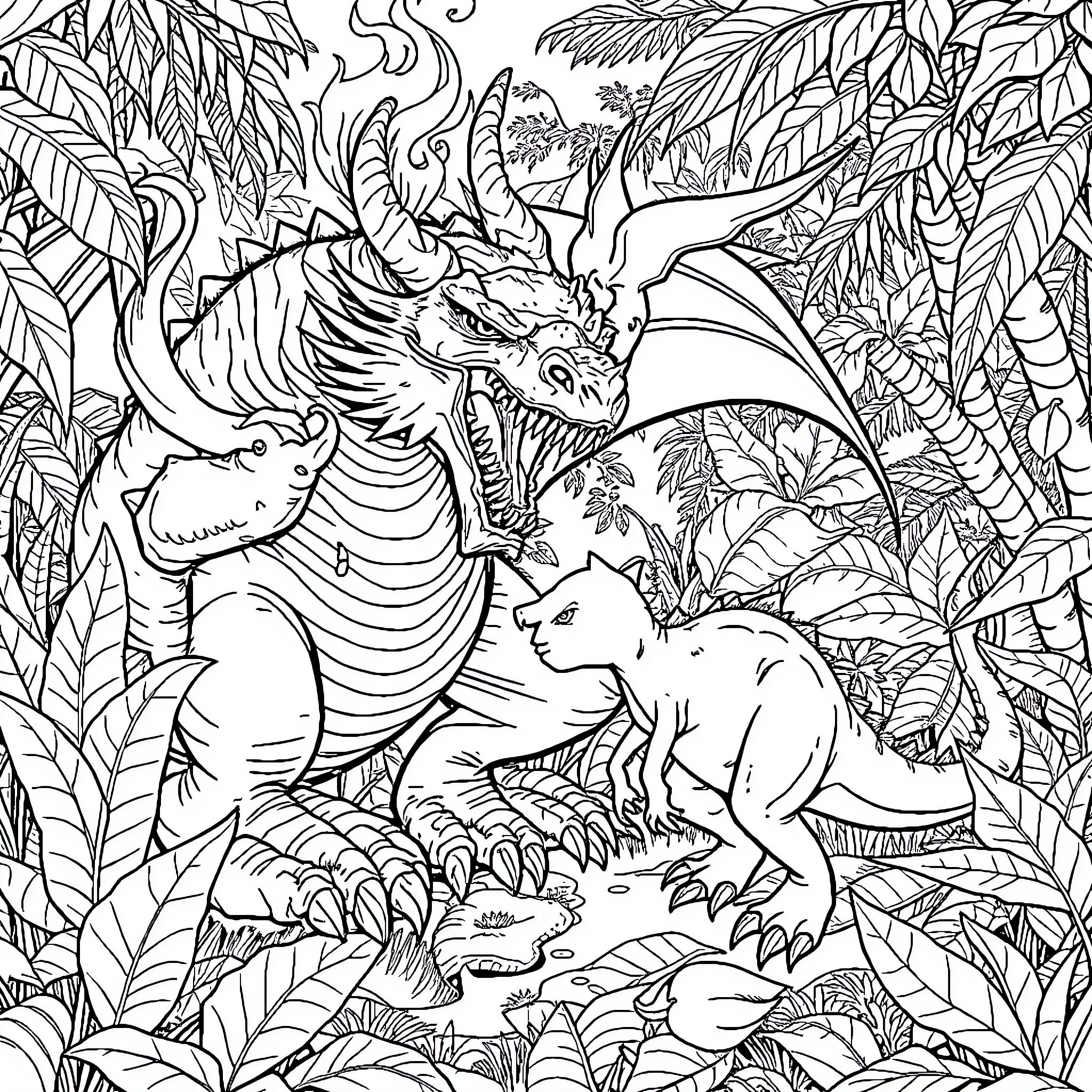 Dragon in Lush Jungle with Prehistoric Creatures Coloring Page (free black-and-white line drawing printable PDF for all, from beginners to advanced learners, including children, teens, adults, and seniors)