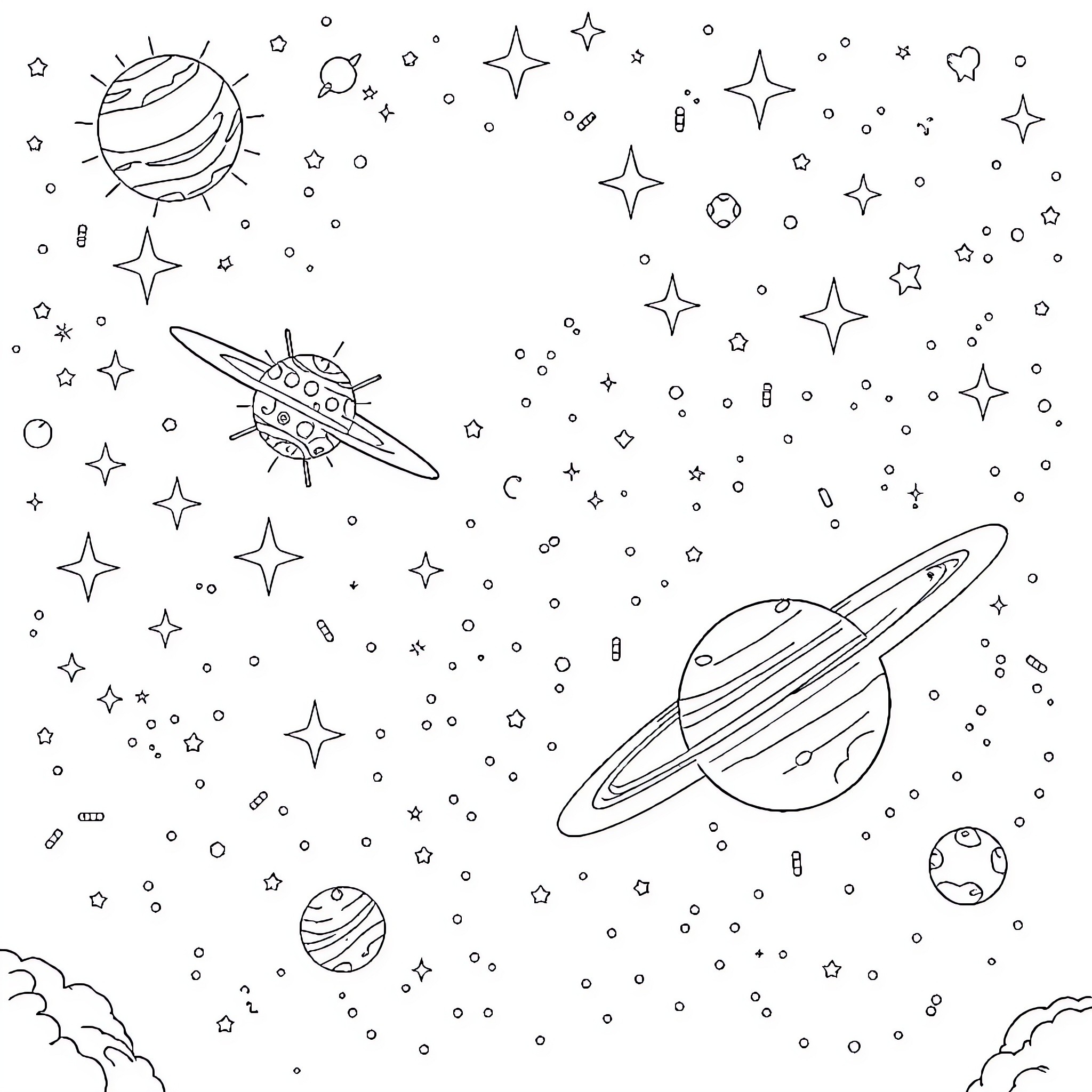 Celestial Space Adventure with Planets and Stars Coloring Page (free black-and-white line drawing printable PDF for all, from beginners to advanced learners, including children, teens, adults, and seniors)