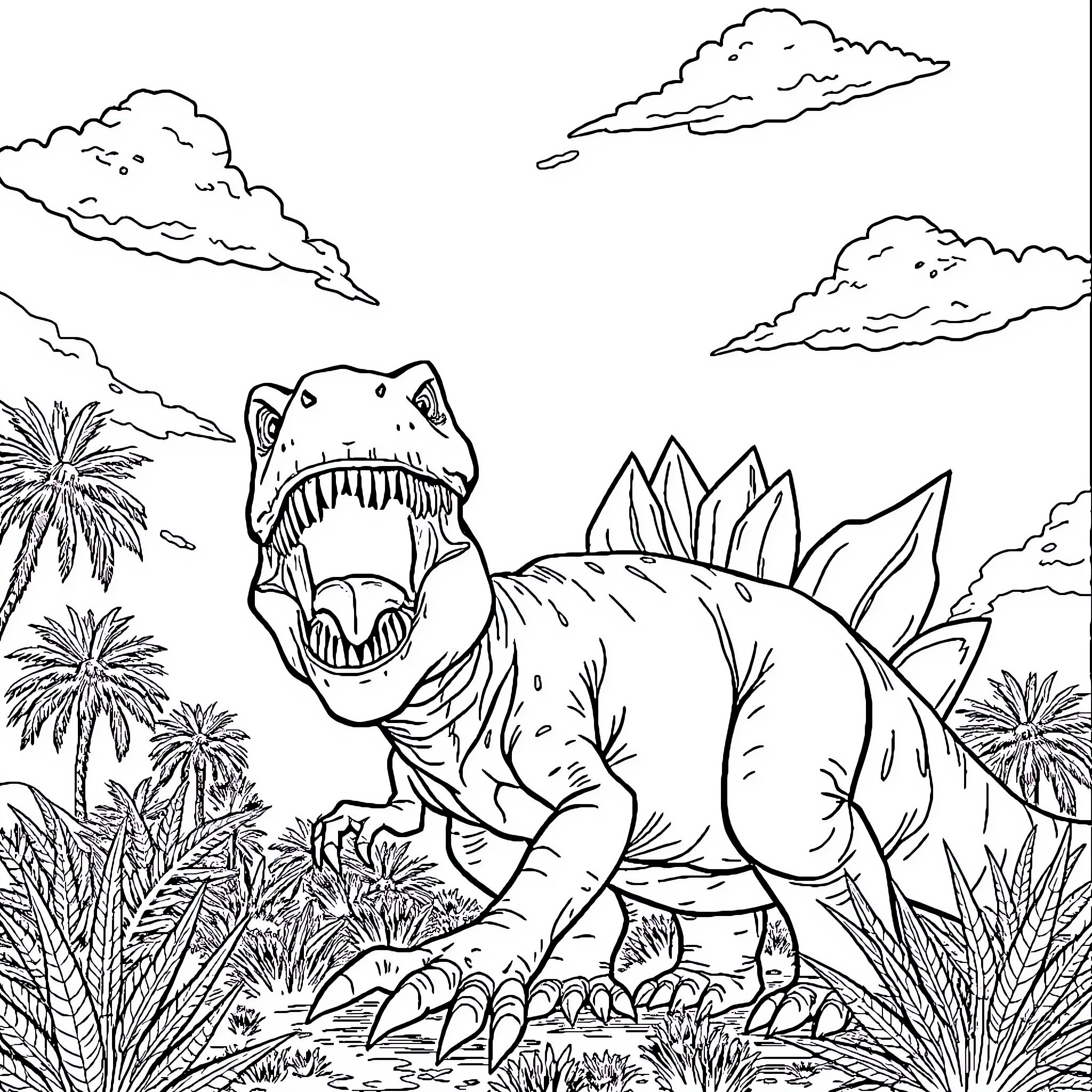 T-Rex roaring in prehistoric landscape Coloring Page (free black-and-white line drawing printable PDF for all, from beginners to advanced learners, including children, teens, adults, and seniors)