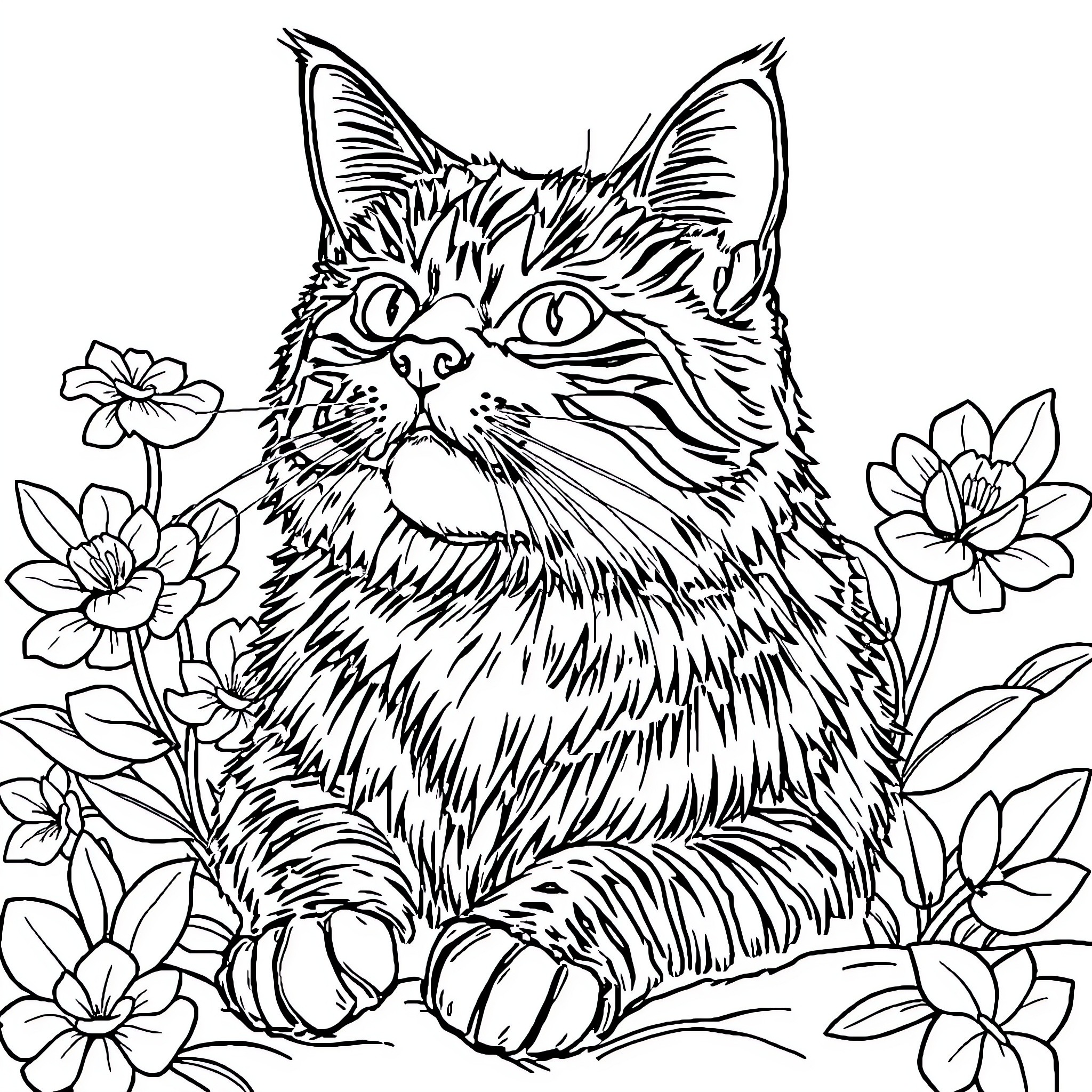 Cat surrounded by whimsical flowers Coloring Page (free black-and-white line drawing printable PDF for all, from beginners to advanced learners, including children, teens, adults, and seniors)